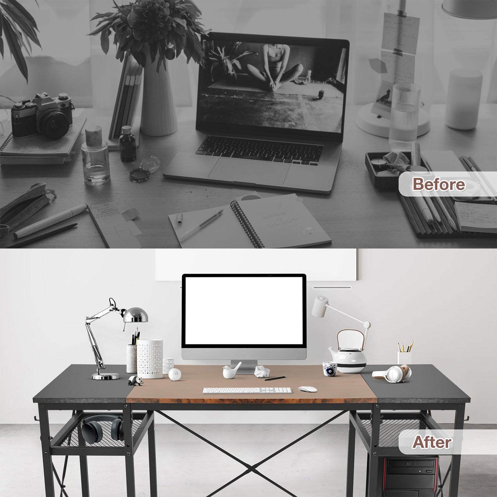 47.2" Home Office Computer Desk with Storage Shelves and 4 Hooks, Rustic and Black - Luckyermore
