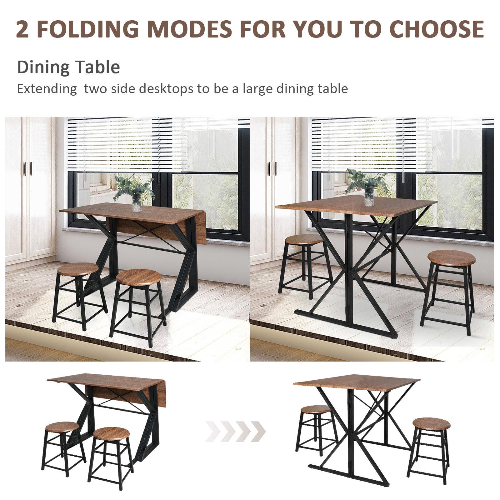LUCKYERMORE Drop Leaf Dining Table Set for Small Space, 35.4" Drop Leaf Table with 2 Stools