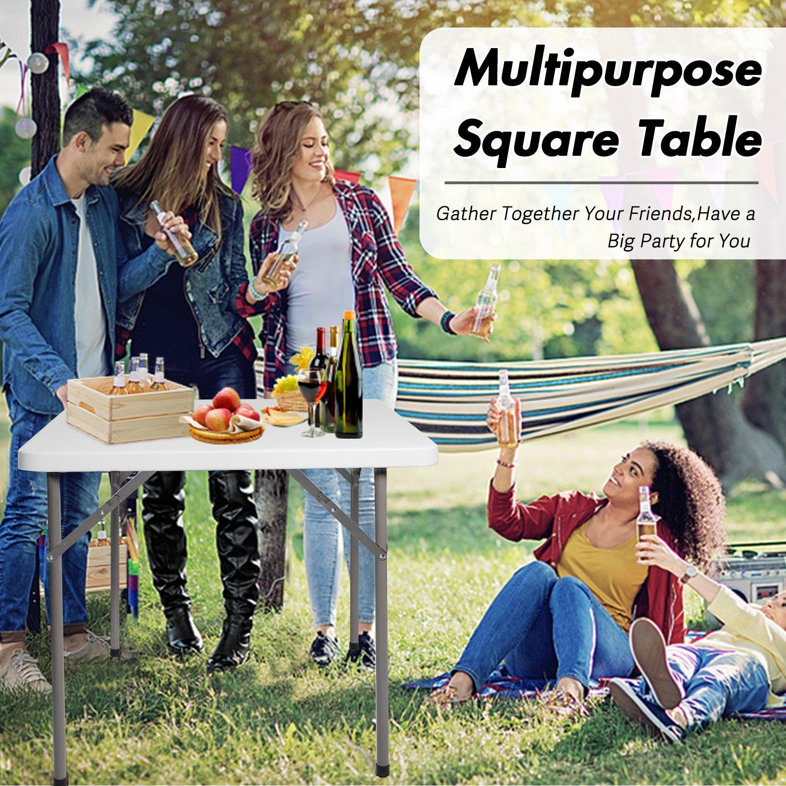 LUCKYERMORE 34" Portable Folding Plastic Square Table for 4 Picnic Dining Table with Carry Handle, White