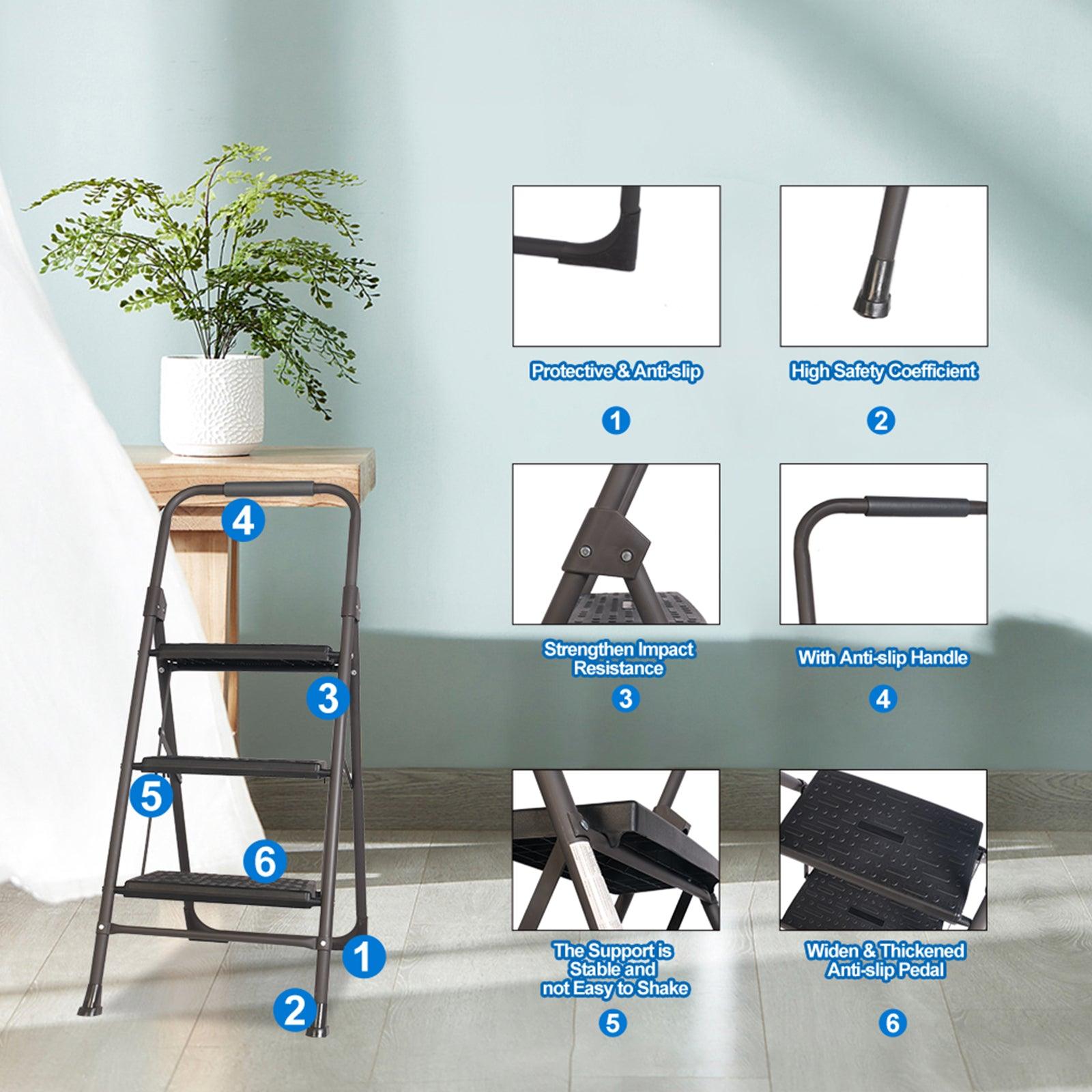 3 Step Portable Folding Ladder Step Stool with Wide Anti-Slip Pedal and Handgrip - Luckyermore