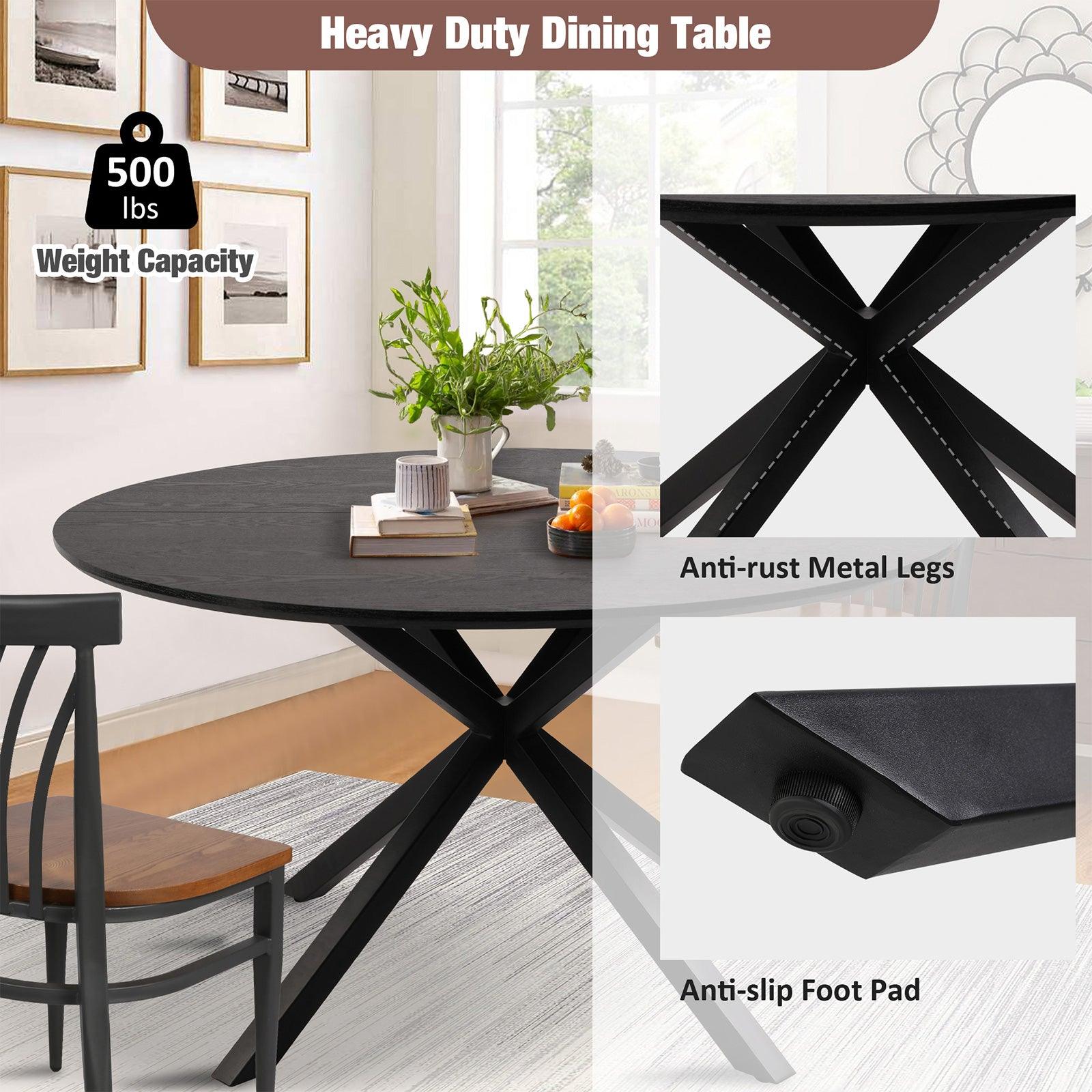 53" Round Mid-Century Modern Wooden Kitchen Dining Table for 4-6 with Solid Metal Leg, Black Wood Grain