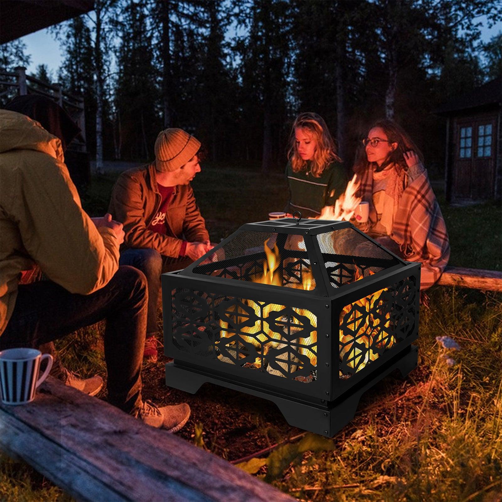 26" Square Outdoor Wood Burning Fire Pit with Steel BBQ Grill, Spark Screen and Poker