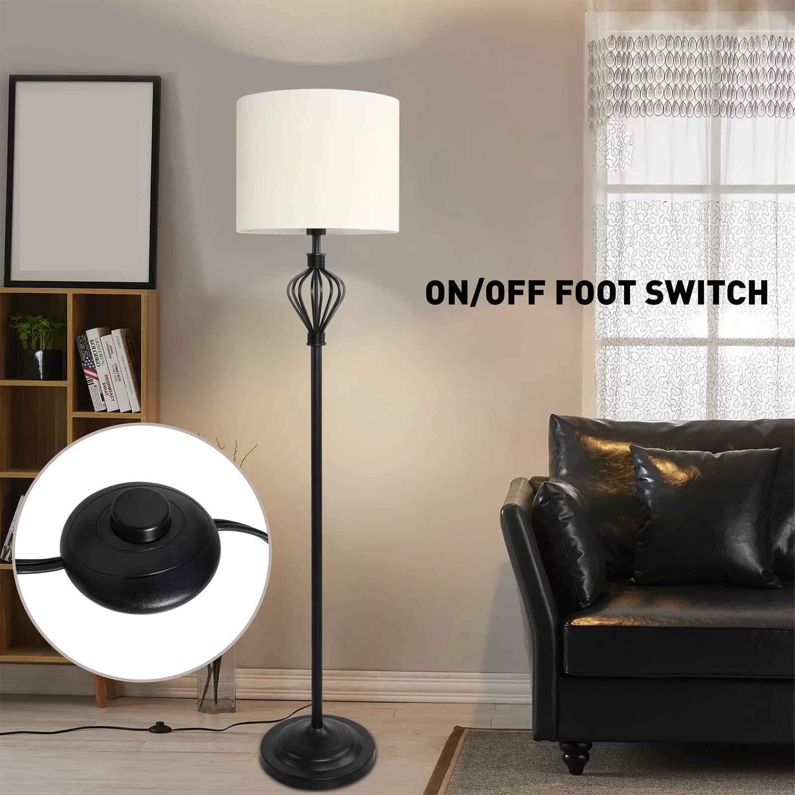Standing Floor Lamp with 8W LED Bulb Foot Switch Fabric Lamp Shade Tall Stand Up Floor Lamp, Black and White - Luckyermore