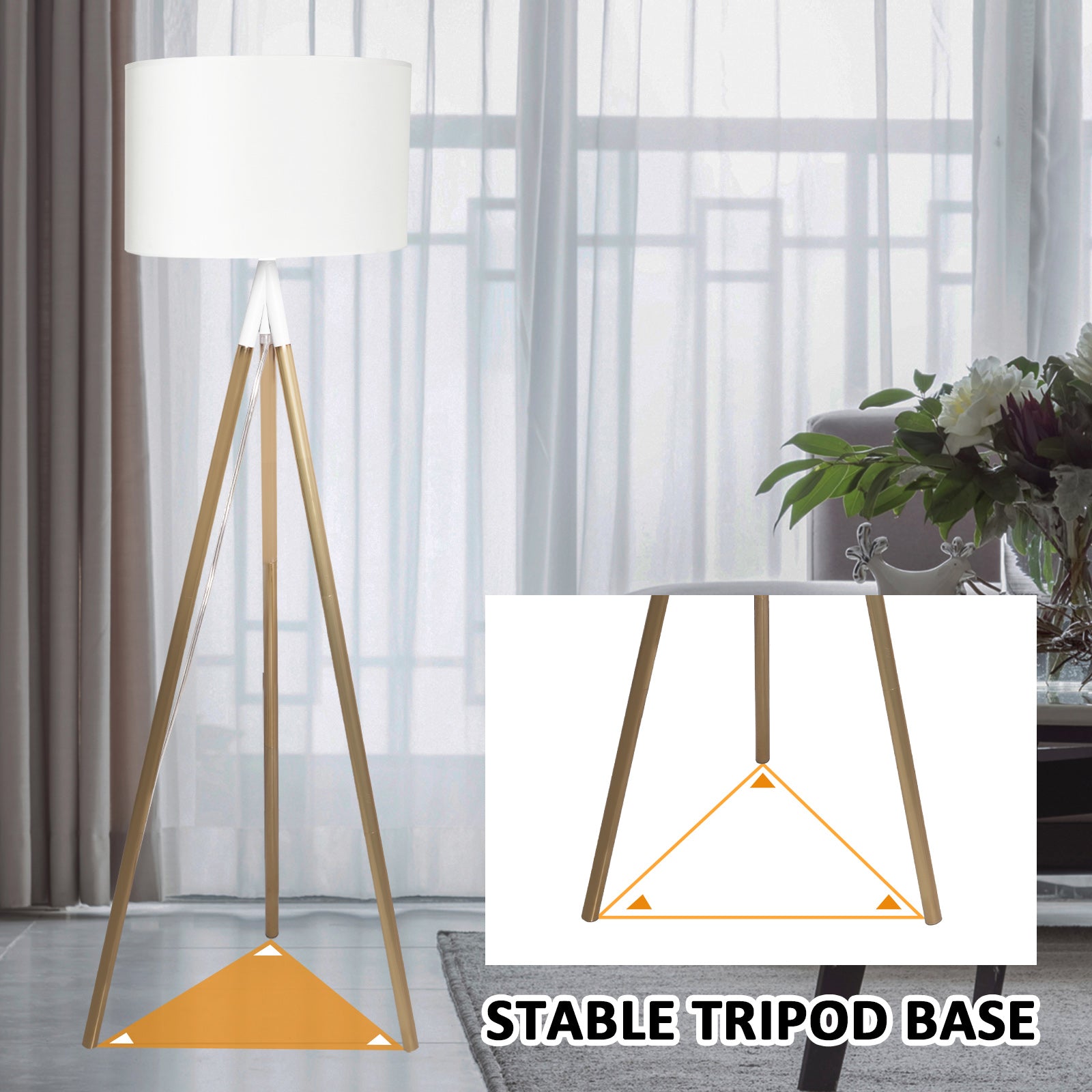 Standing Floor Lamp with 8W LED Bulb Foot Switch Fabric Lamp Shade Tall Stand Up Floor Lamp, Gold