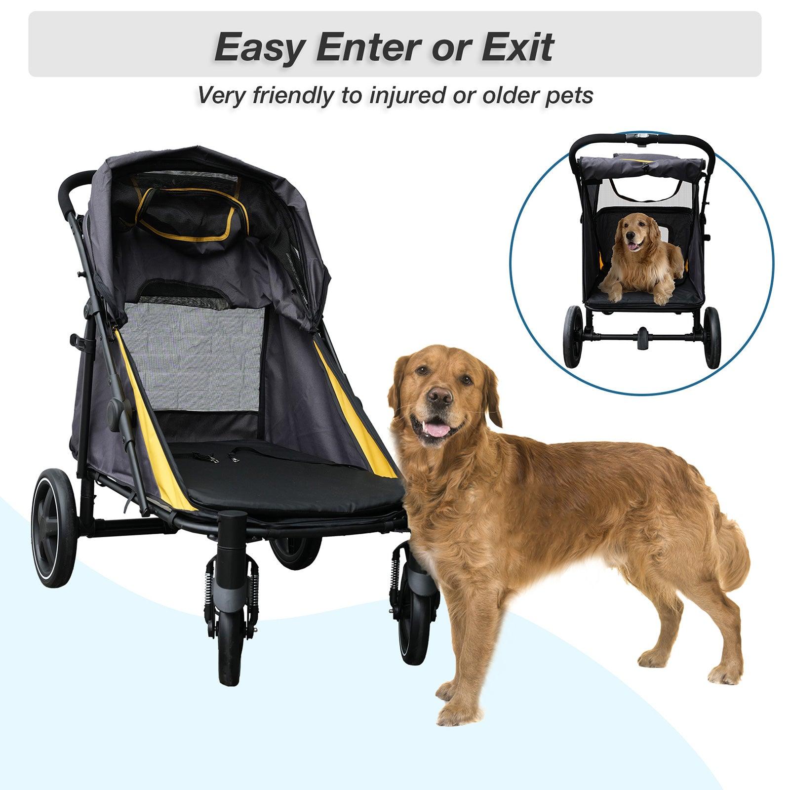 LUCKYERMORE Foldable Pet Stroller Travel Carrier with Storage Pocket, Breathable Mesh, Gray and Yellow