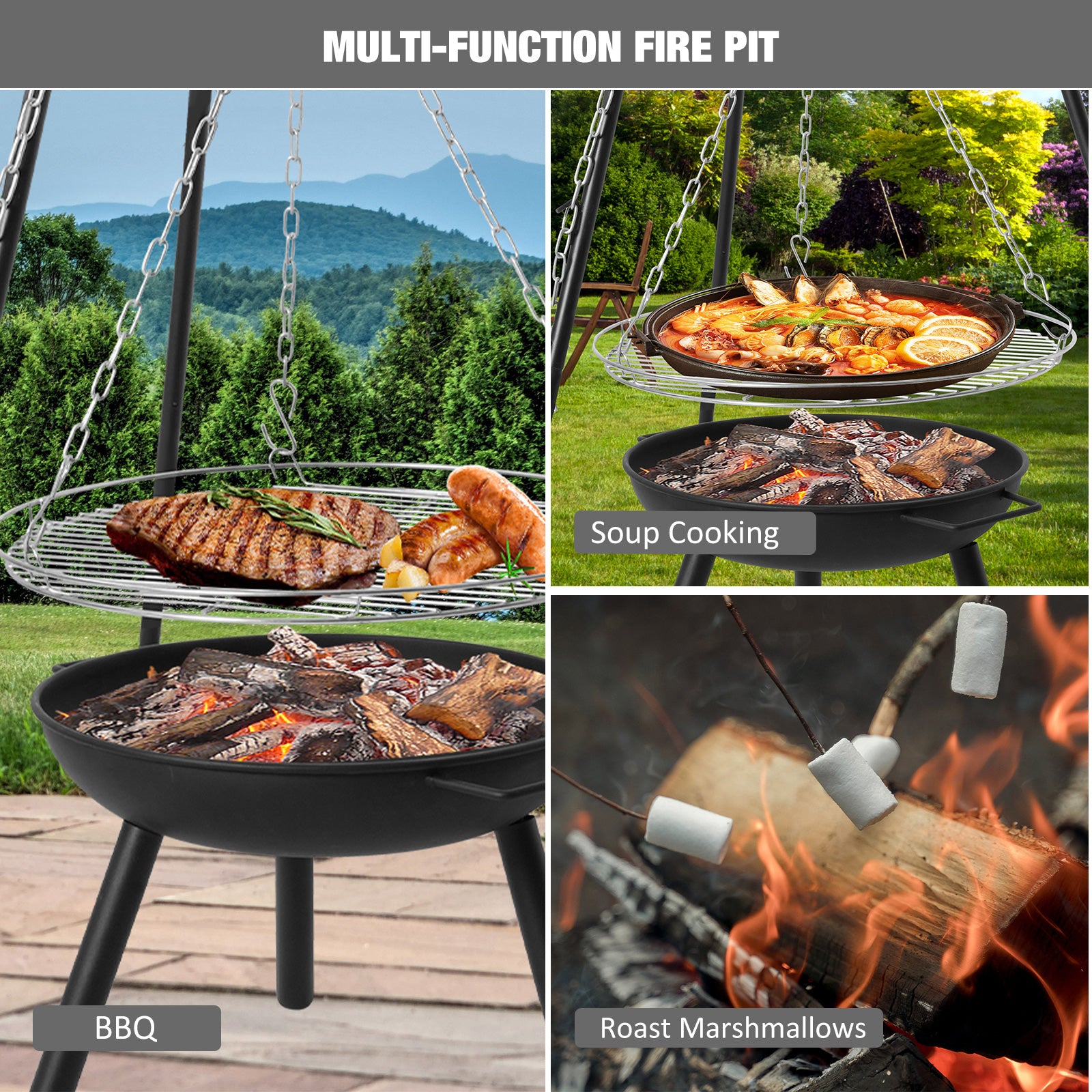 Outdoor Fire Pit Tripod Cooking Grill Height Adjustable Tripod with Round Grill Grate