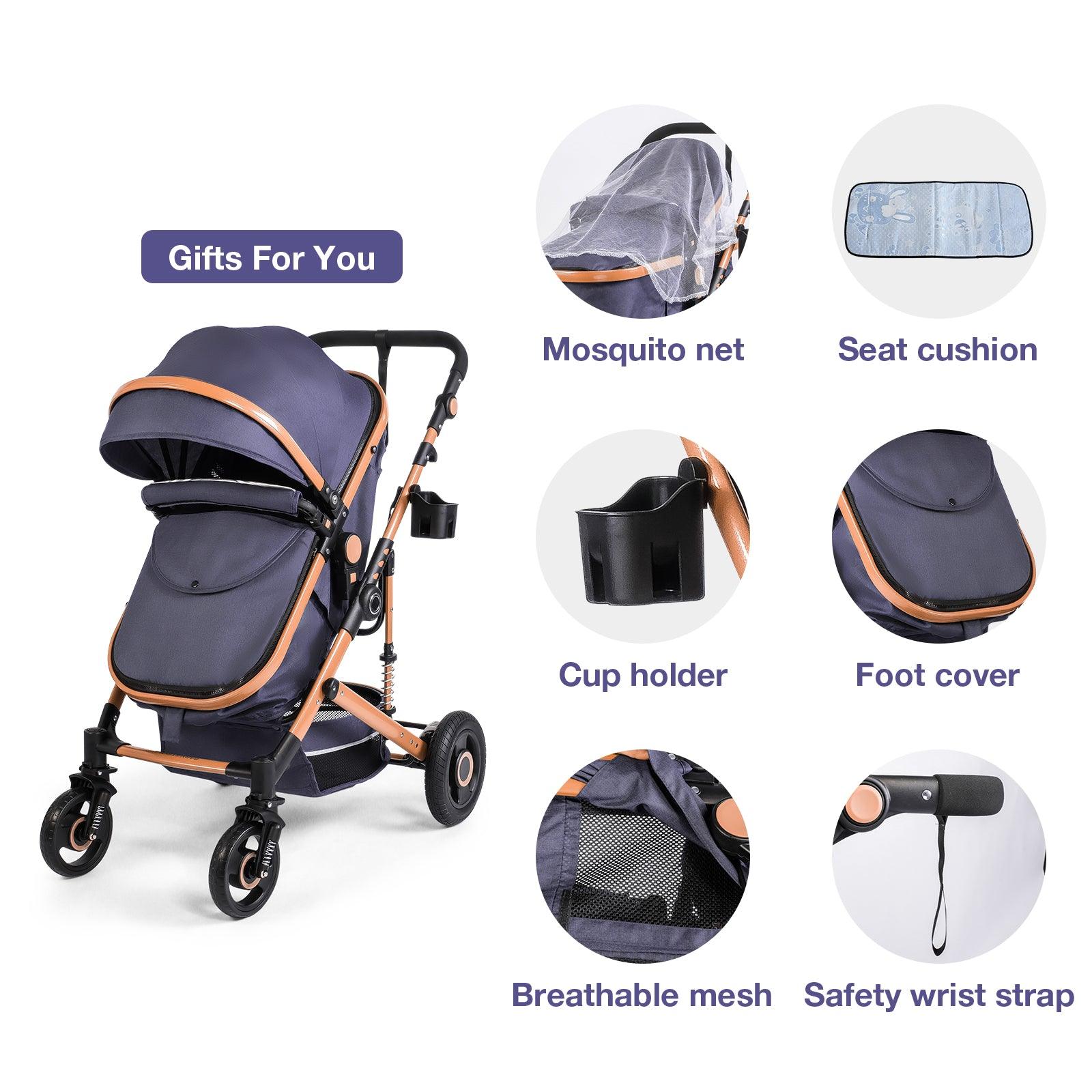 2 in 1 Baby Stroller Newborn Reversible Bassinet Pram Foldable Pushchair with Adjustable Canopy, Navy Blue - Luckyermore