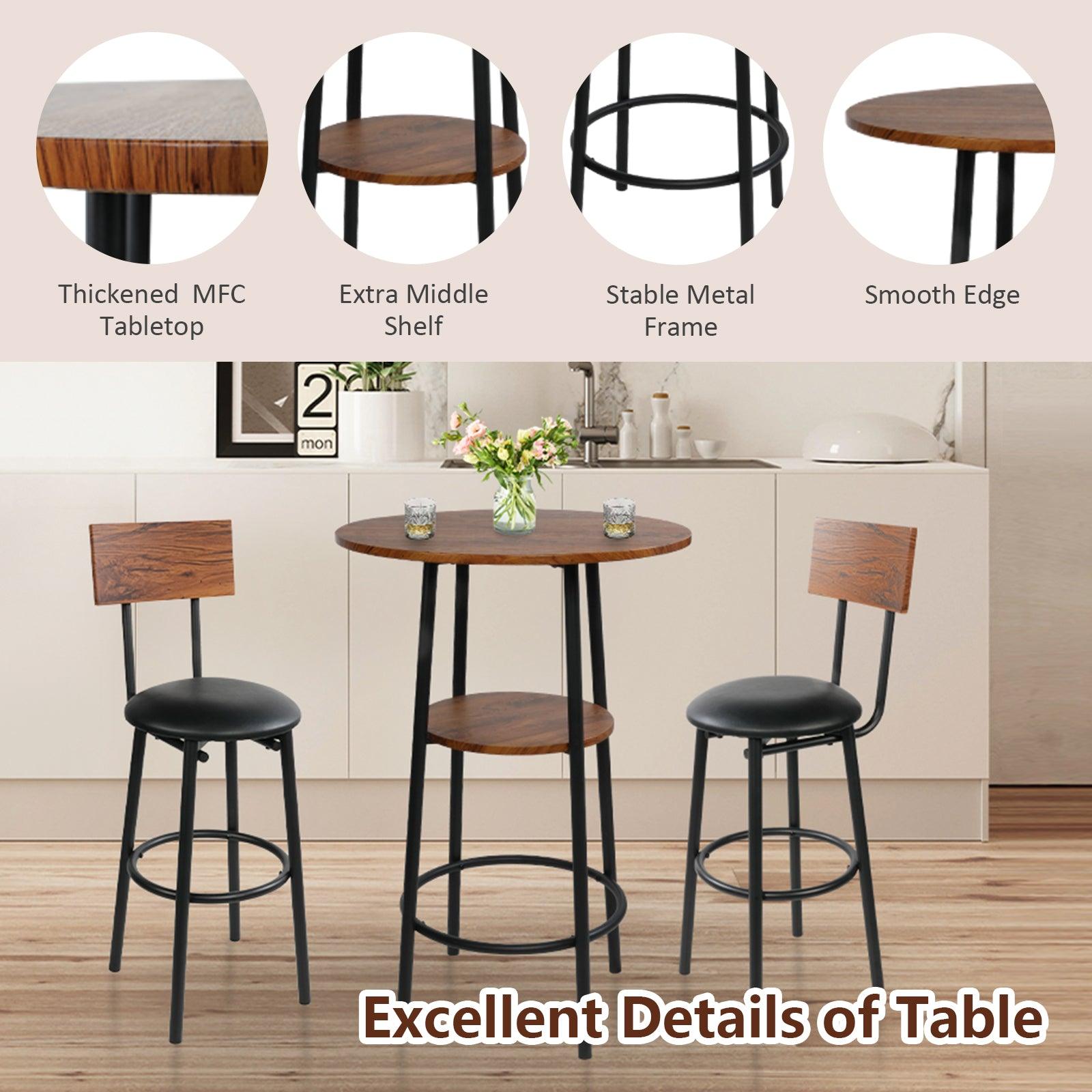 Round Bar Table Set, 2-Tier Table 23.6" for 2 with 2 Upholstered Bar Stools with Backrest