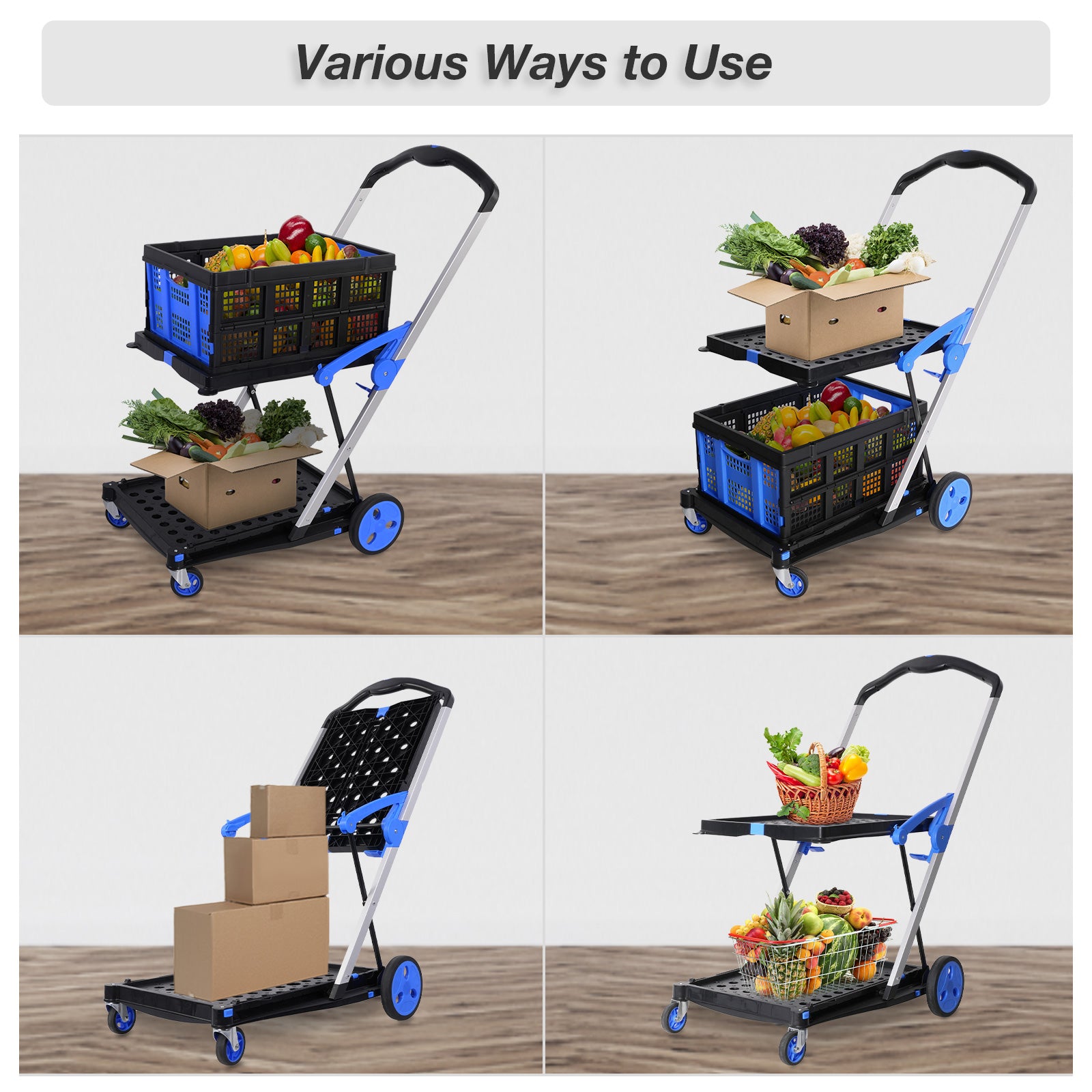 LUCKYERMORE 2-Tier Multi-Functional Collapsible Carts Foldable Trolley with Storage Crate Rolling Swivel Wheels