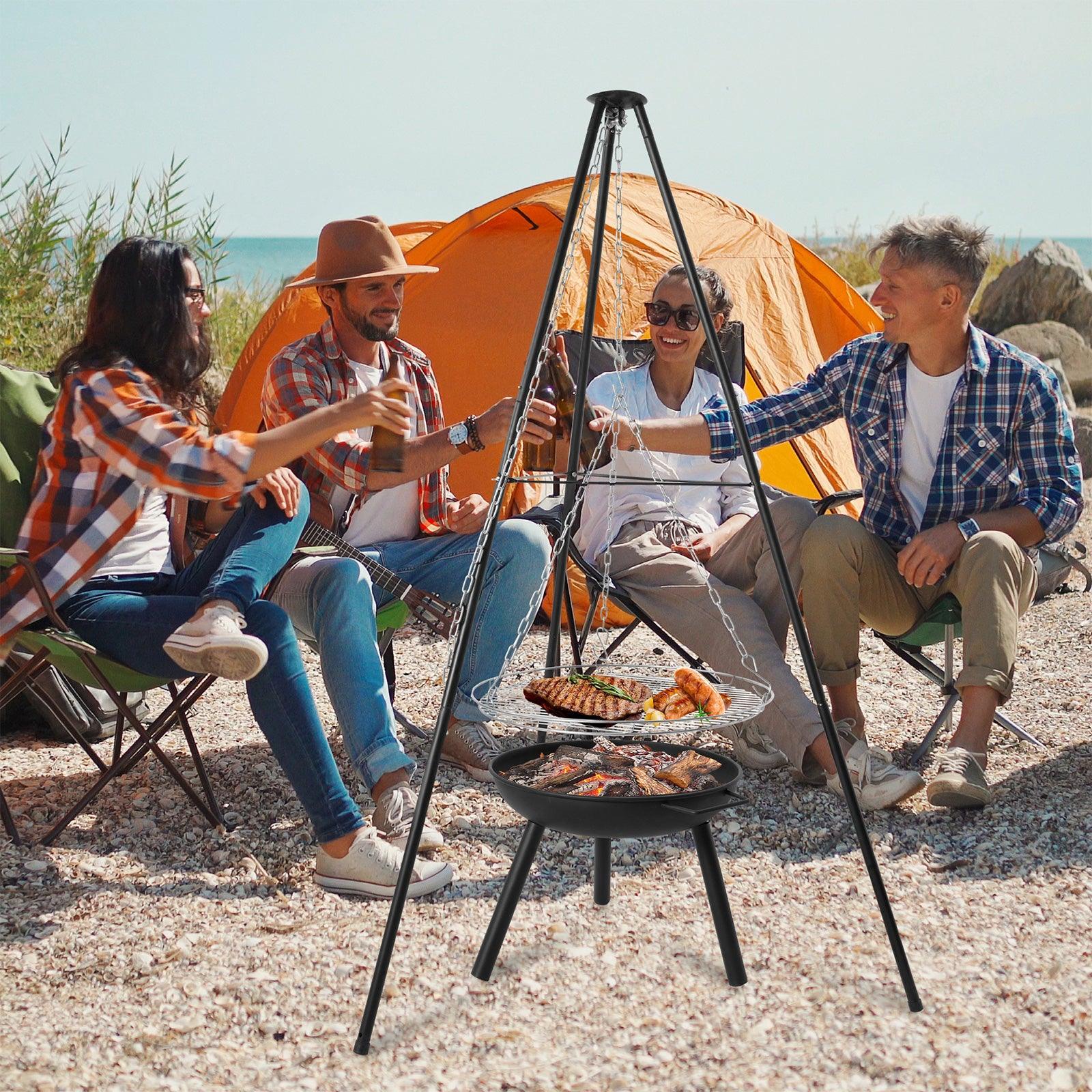 Outdoor Fire Pit Tripod Cooking Grill Height Adjustable Tripod with Round Grill Grate - Luckyermore