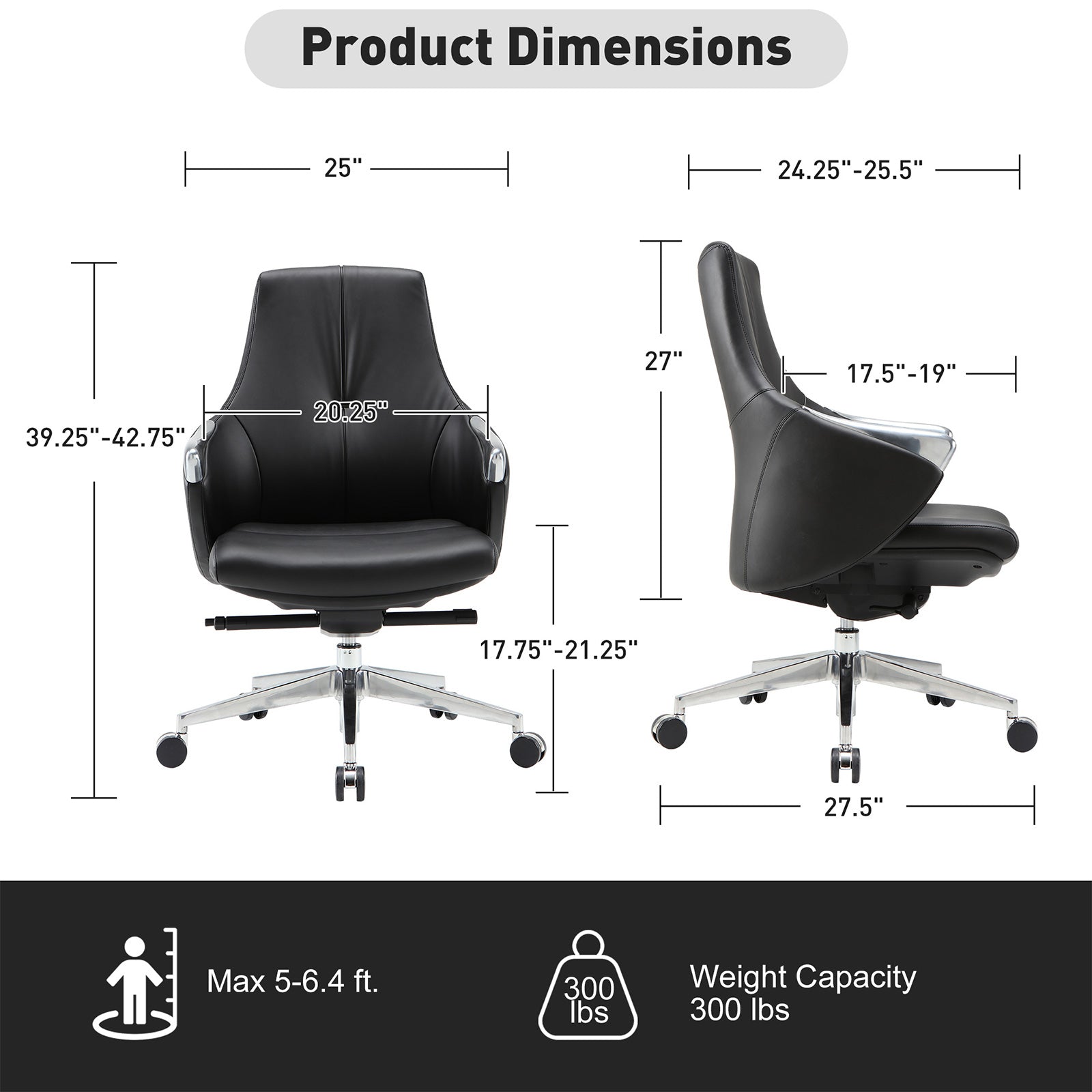 Executive Ergonomic Leather Office Chairs with Tilt and Height Adjustable, Black