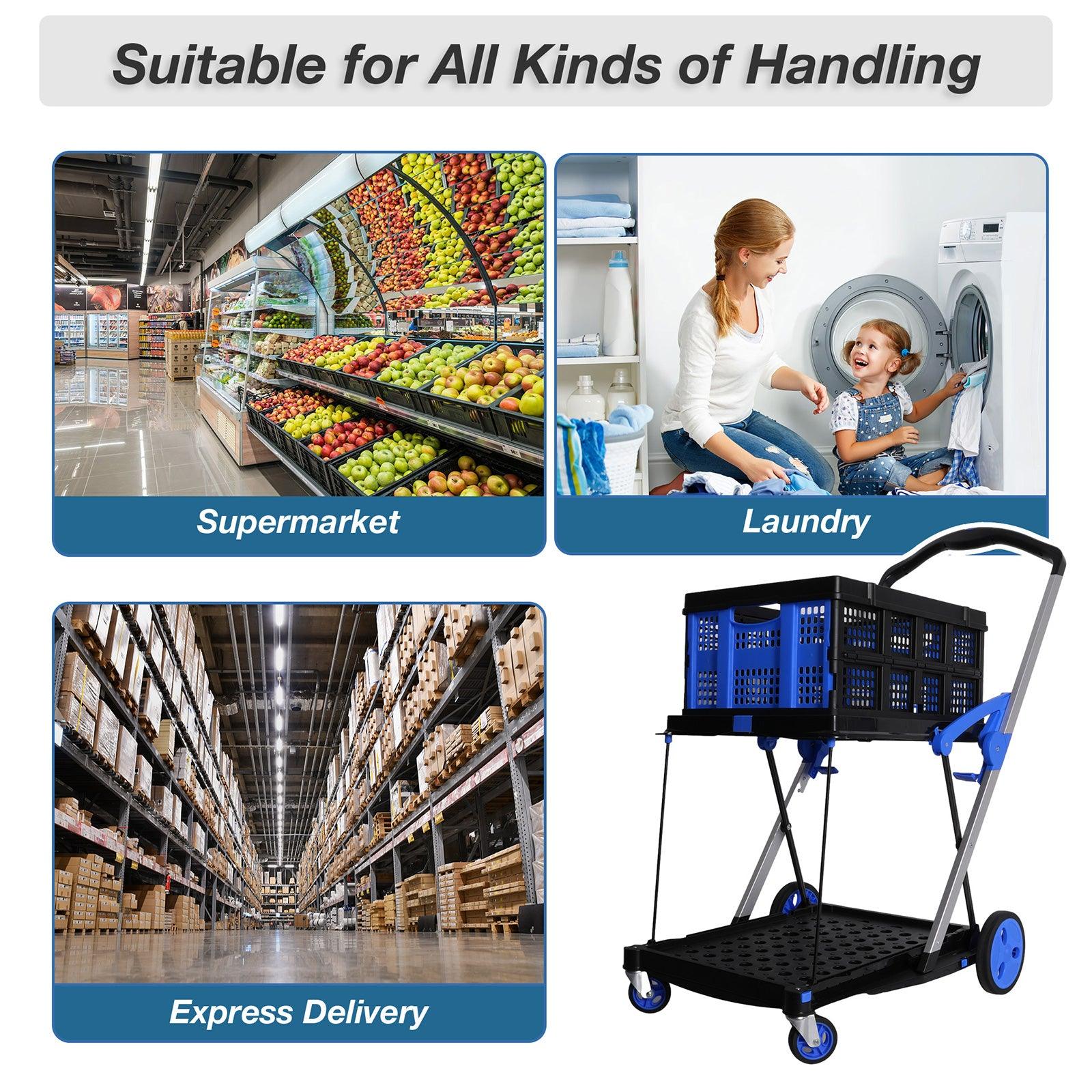2-Tier Multi-Functional Collapsible Carts Foldable Trolley with Storage Crate Rolling Swivel Wheels - Luckyermore