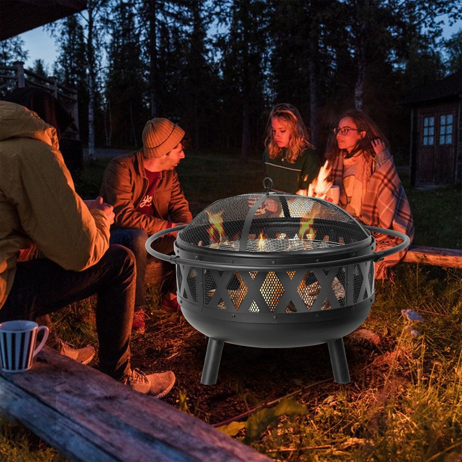 22.8" Round Outdoor Wood Burning Fire Pit with Steel BBQ Grill, Spark Screen and Poker - Luckyermore