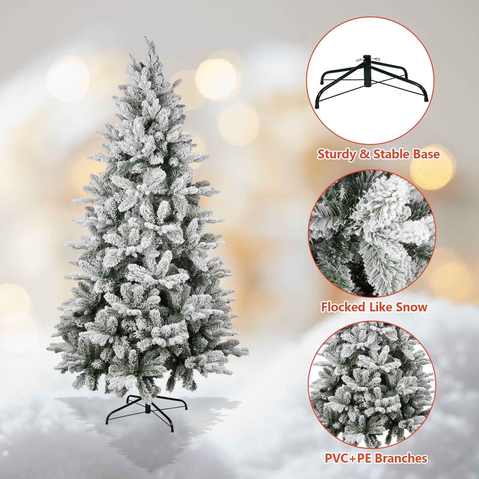 6.9ft Artificial Christmas Pine Tree Snow Flocked Xmas Tree with 950 Branch Tips