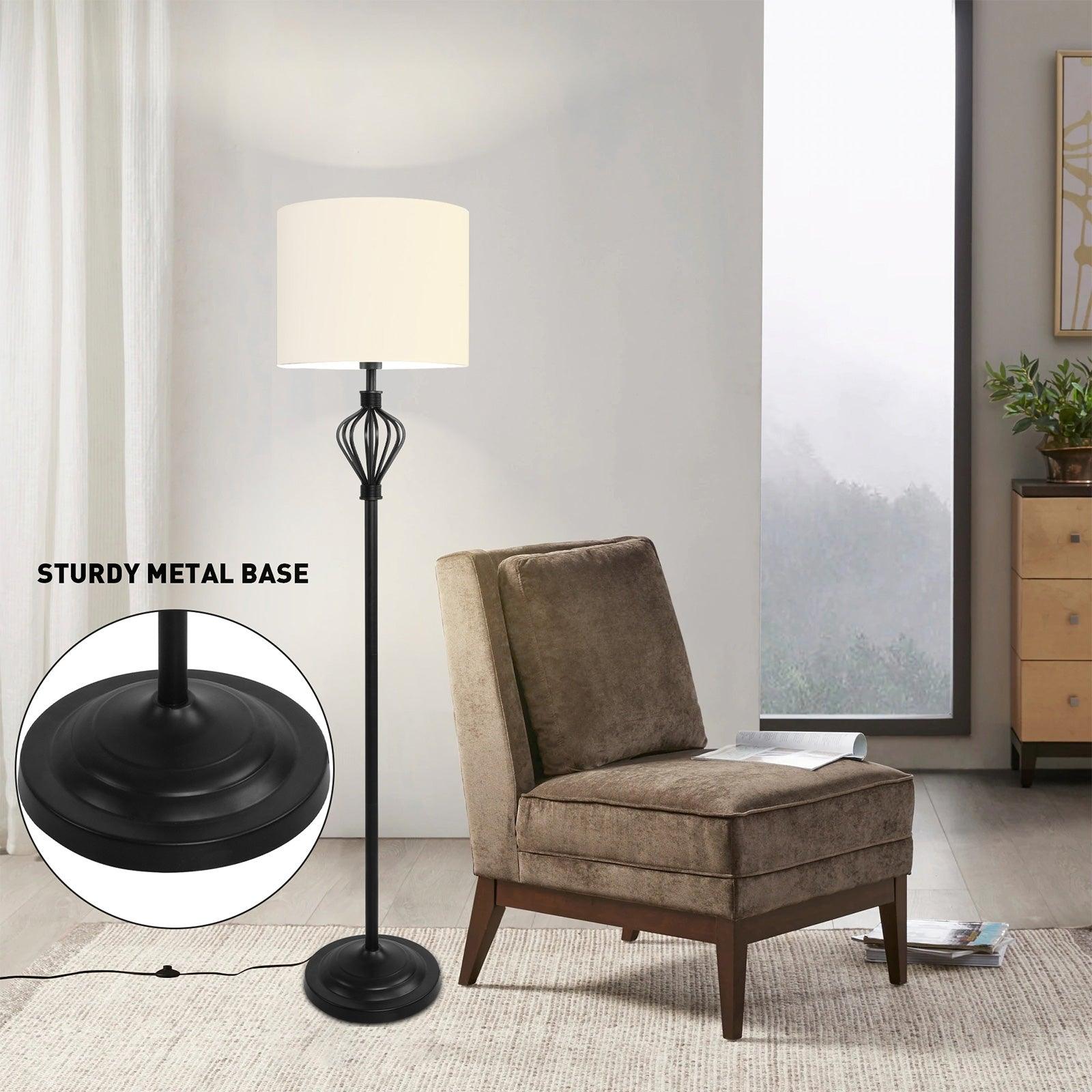 Standing Floor Lamp with 8W LED Bulb Foot Switch Fabric Lamp Shade Tall Stand Up Floor Lamp, Black and White - Luckyermore