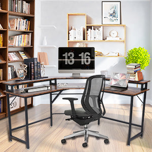 L Shaped Desk Home Office Large Computer Corner Desk with Monitor Stand, Brown