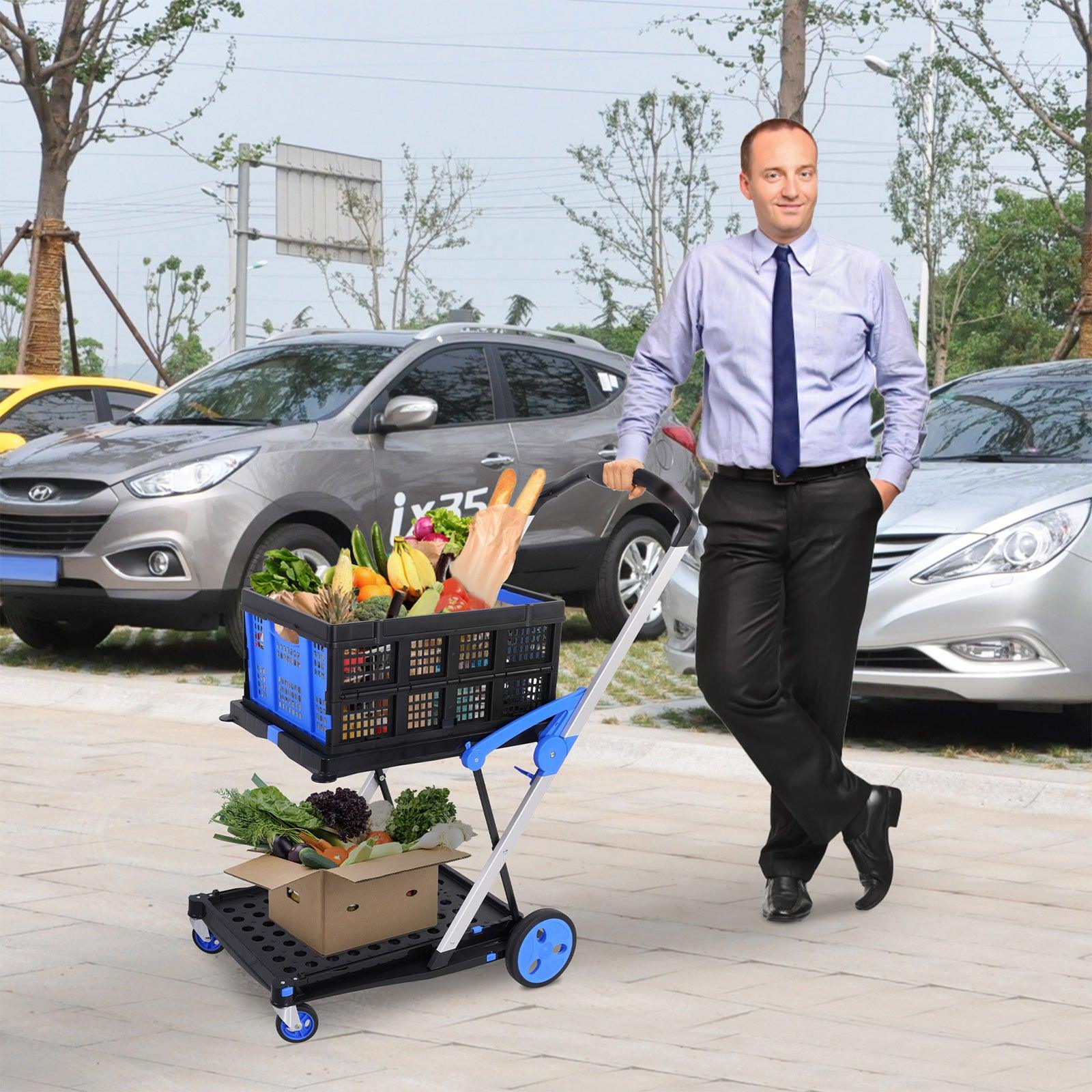 LUCKYERMORE 2-Tier Multi-Functional Collapsible Carts Foldable Trolley with Storage Crate Rolling Swivel Wheels