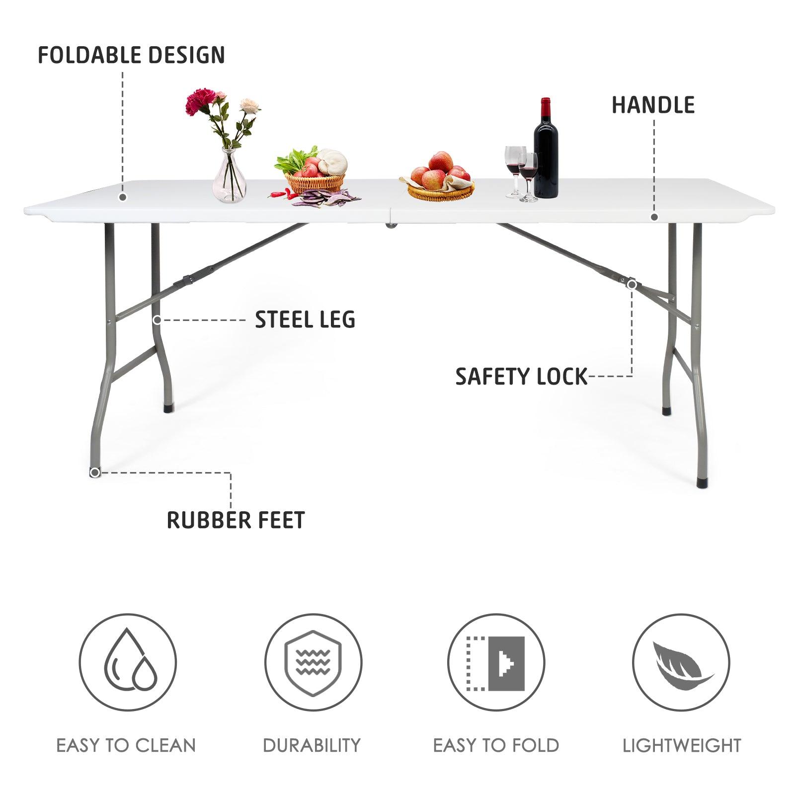 LUCKYERMORE 6ft Portable Folding Plastic Table for 6-8 Picnic Dining Table 71" with Carry Handle, White