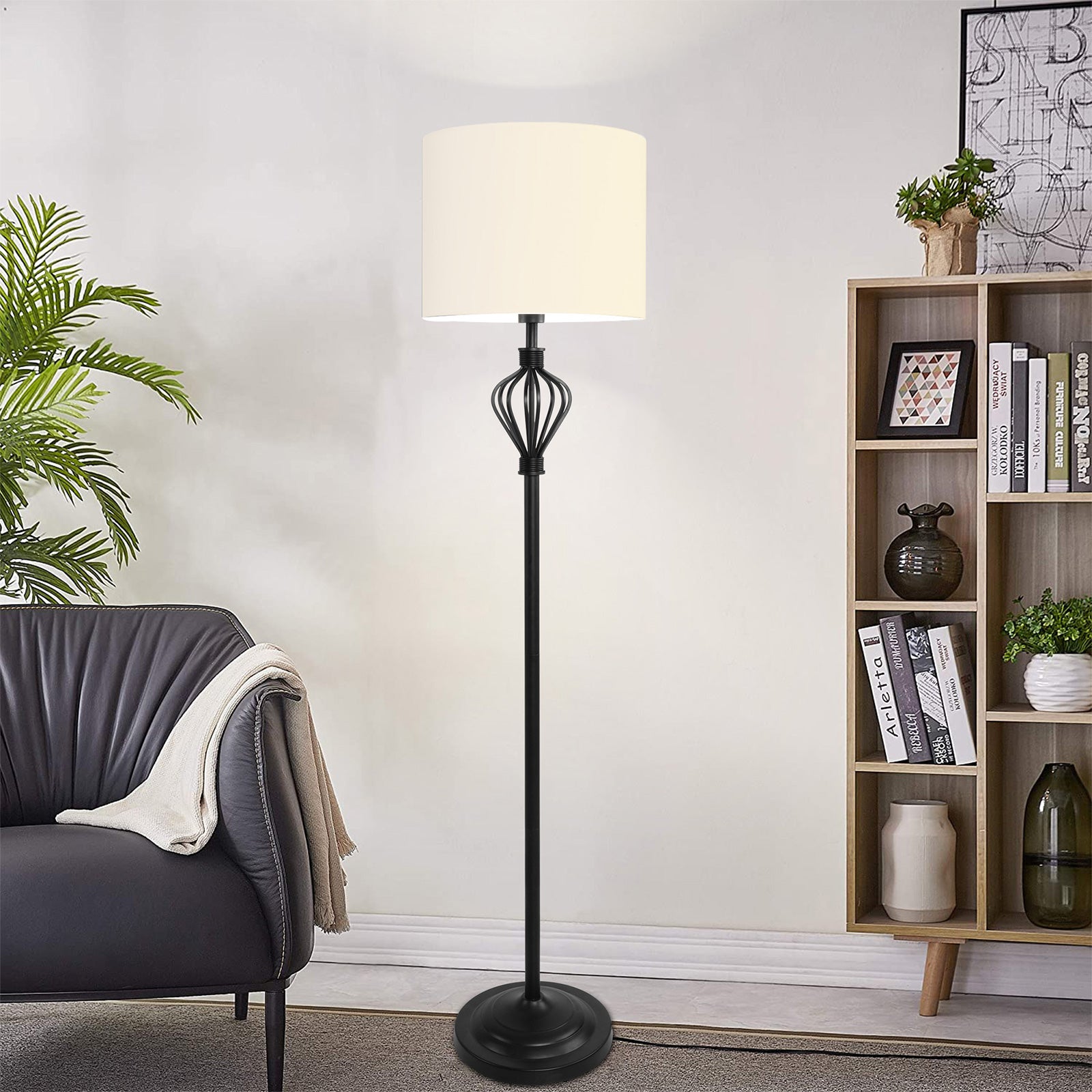 Standing Floor Lamp with 8W LED Bulb Foot Switch Fabric Lamp Shade Tall Stand Up Floor Lamp, Black and White