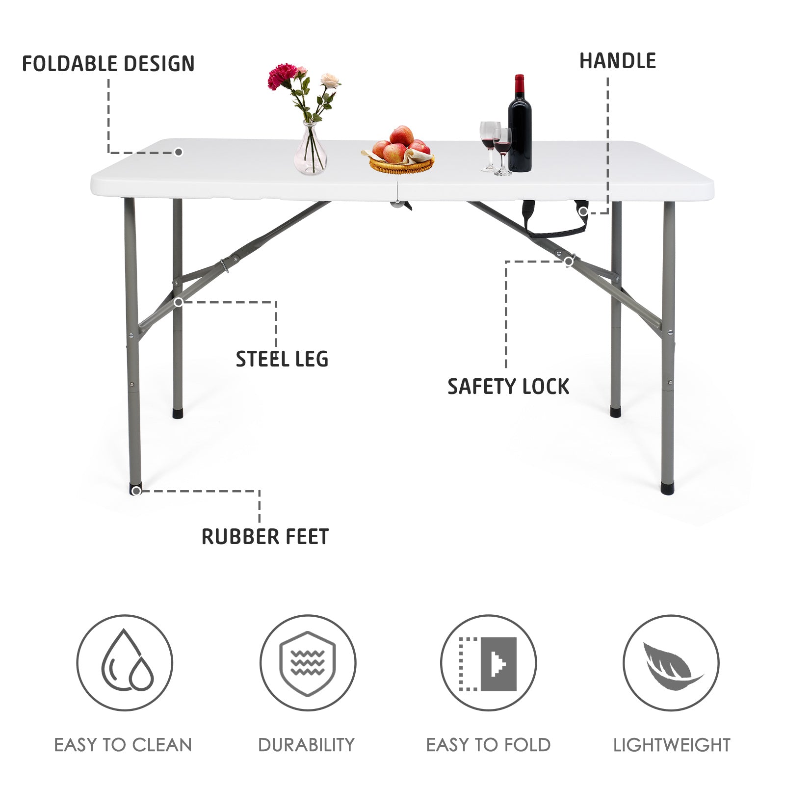 4ft Portable Folding Plastic Table for 4-6 Picnic Dining Table 48" with Carry Handle, White