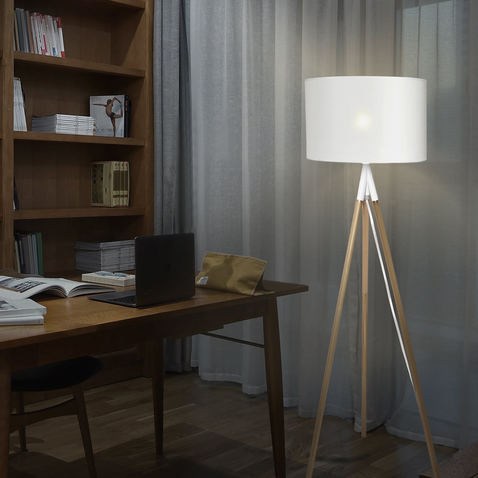 Standing Floor Lamp with 8W LED Bulb Foot Switch Fabric Lamp Shade Tall Stand Up Floor Lamp, Gold