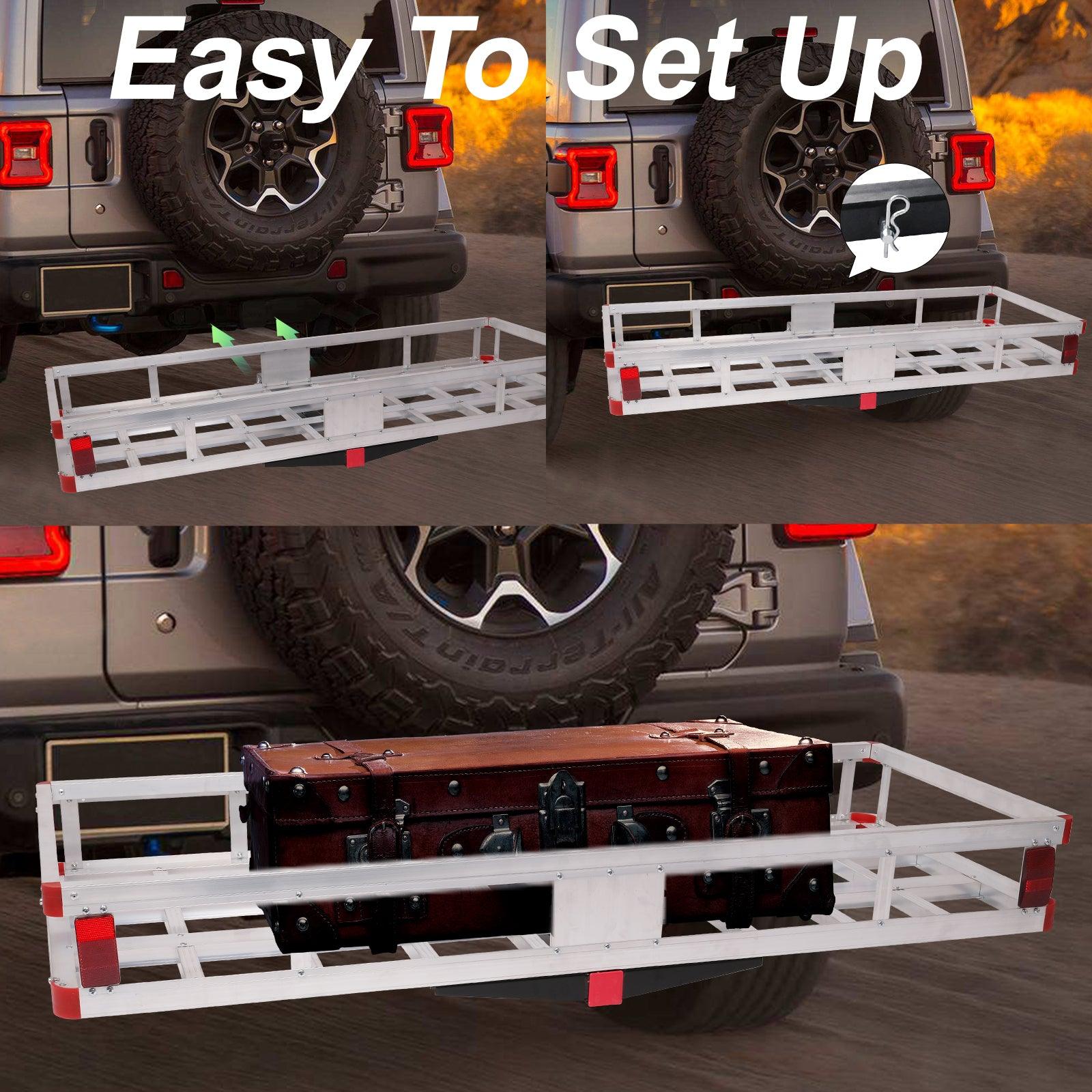 LUCKYERMORE 60"x 22"x 7" Hitch Mount Aluminum Cargo Carrier Basket Folding Cargo Rack with 2" Receiver, Silver