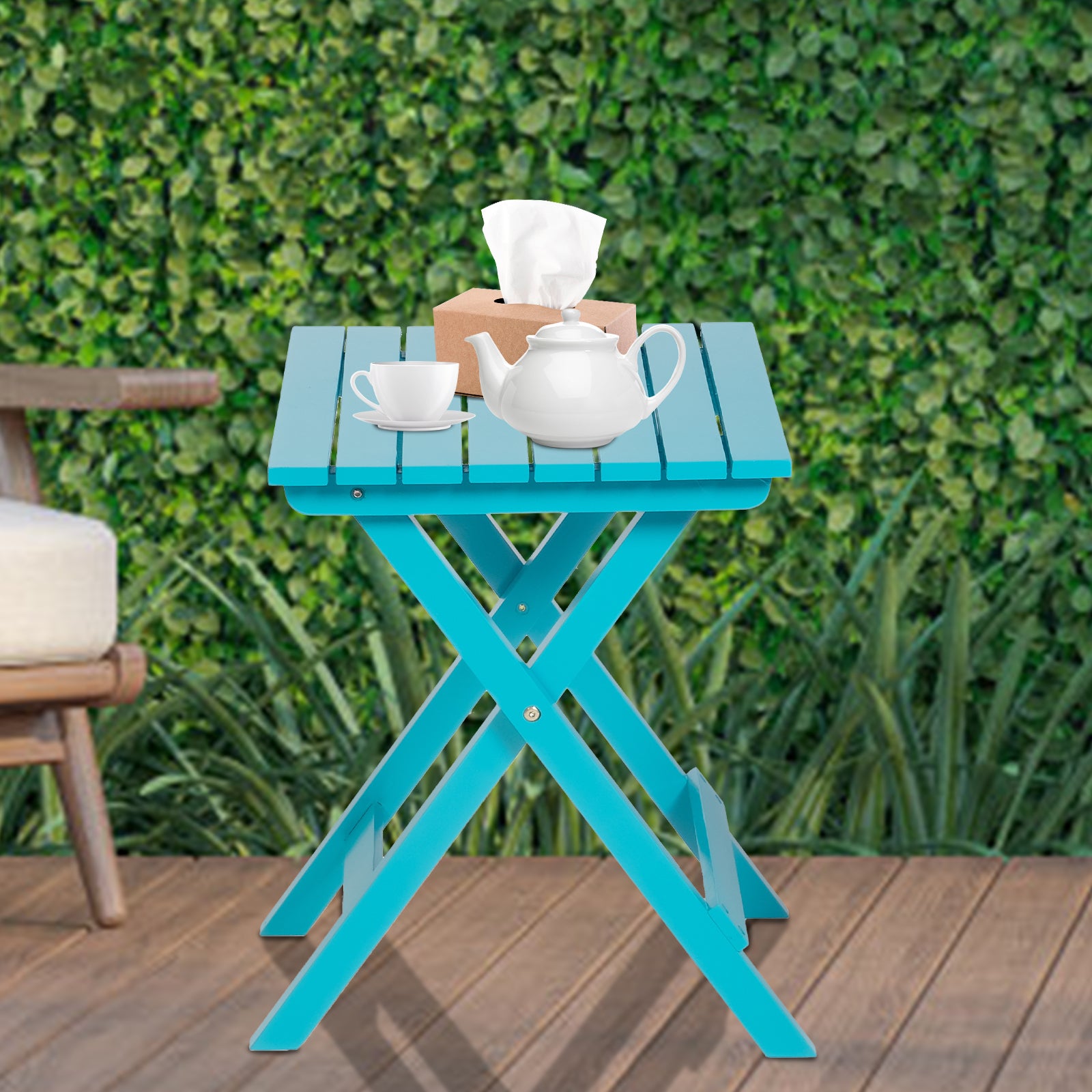 13.7" Square Outdoor Patio Folding Side Table Wood Portable End Table, Blue