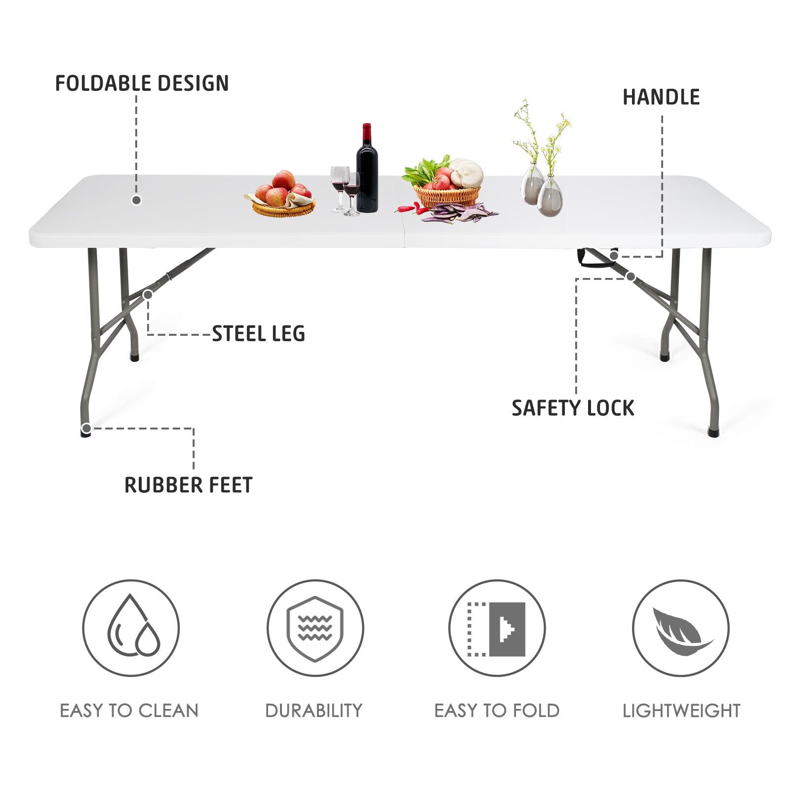 LUCKYERMORE 8ft Portable Folding Plastic Table for 8-10 Picnic Dining Table 96" with Carry Handle, White