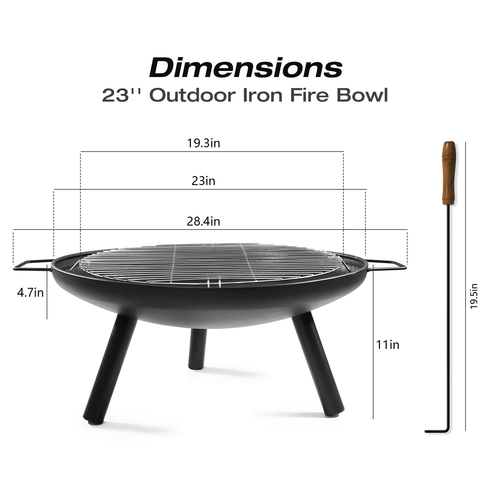 23" Outdoor Patio Round Wood Burning Fire Pit Bowl with Grill and Poker