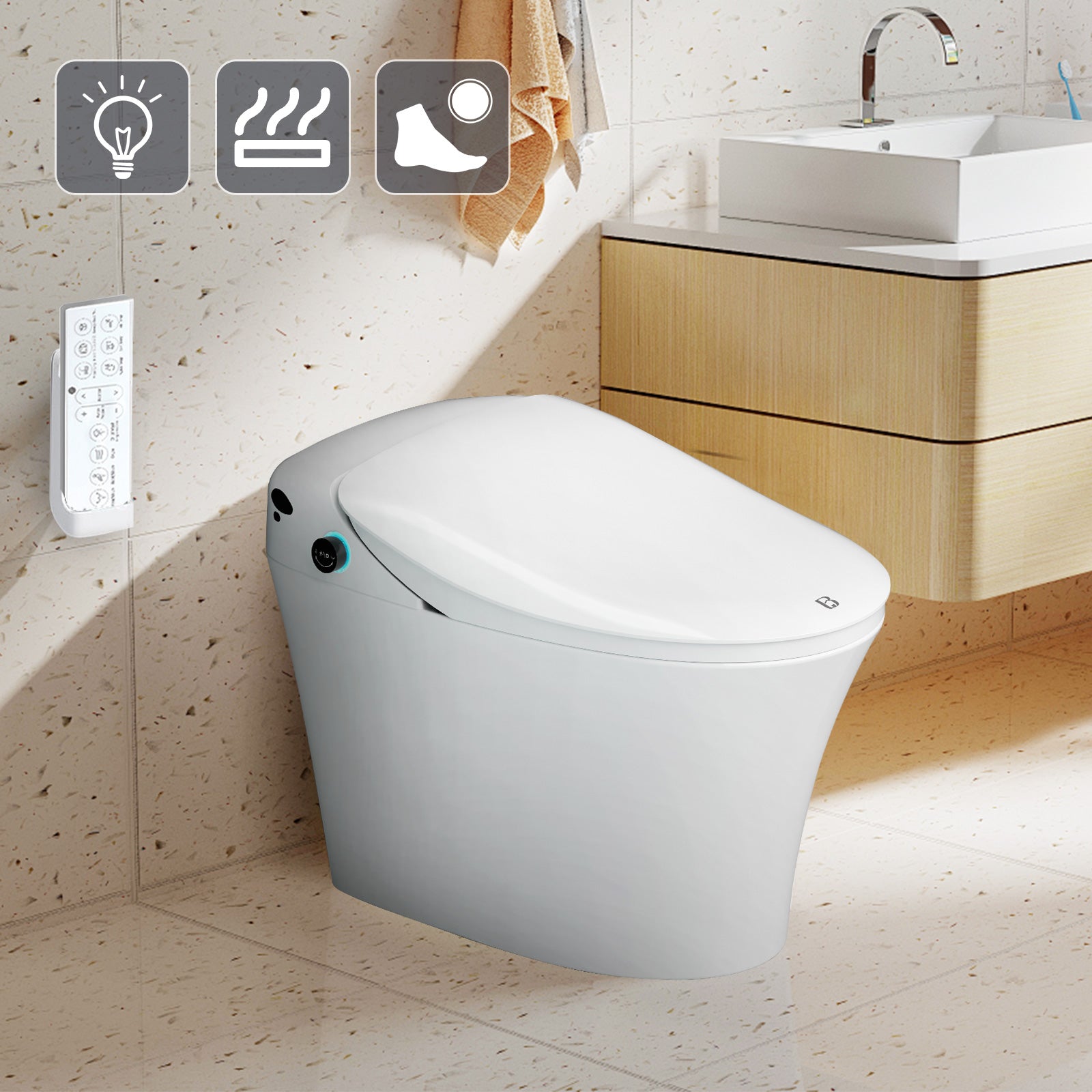 Electronic Smart Toilet Bidet with Heated Seat, Off-Seat Auto Flushing and Dryer, One Piece Bidet with Self-Cleaning Nozzle, LED Night Light