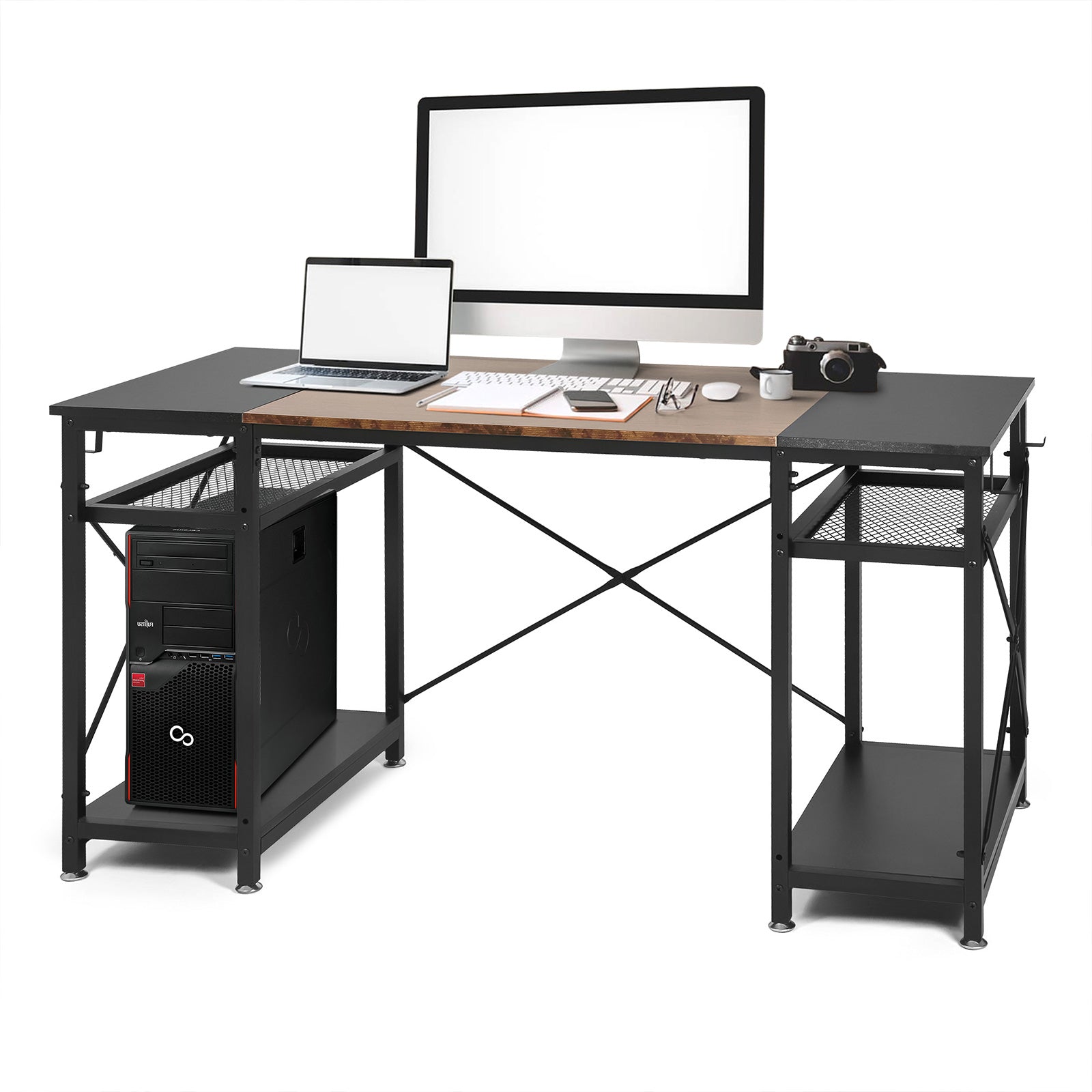 47.2" Home Office Computer Desk with Storage Shelves and 4 Hooks, Rustic and Black