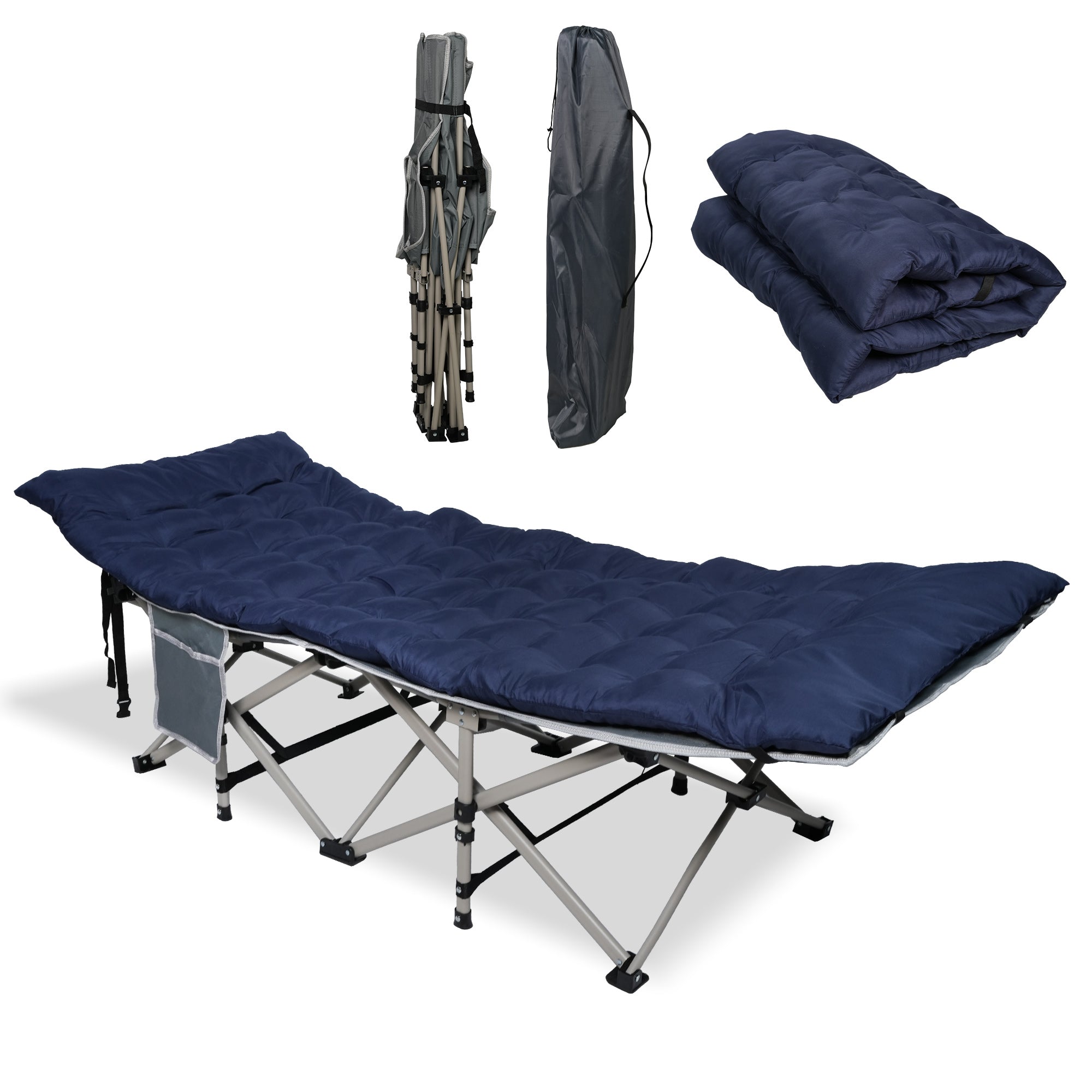LUCKYERMORE Portable Folding Camping Cots Sleeping Cots with Removable Mattress Carry Bag, Dark Blue