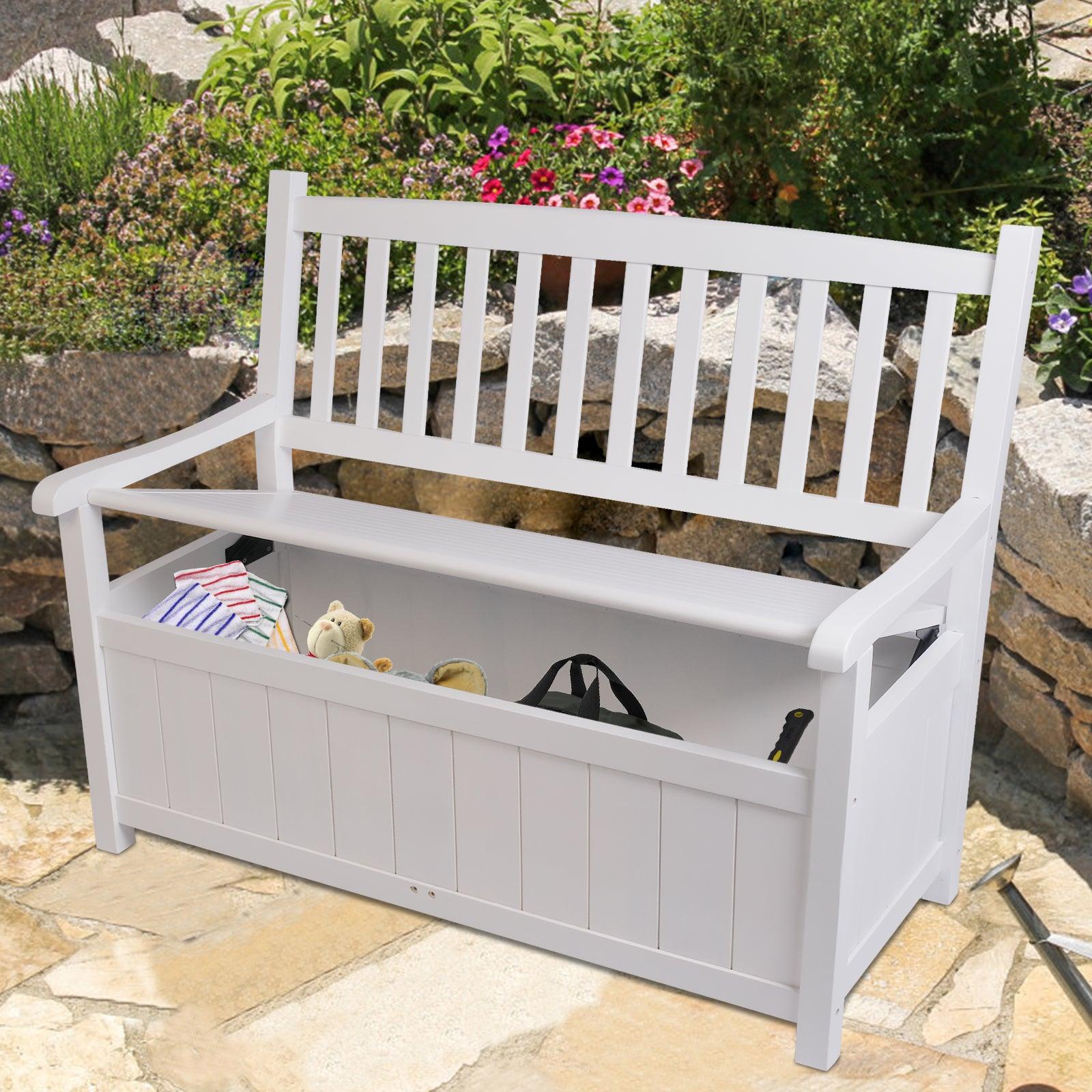 LUCKYERMORE Outdoor Storage Bench Wooden Deck Box Bench Outdoor Seating with Back, White