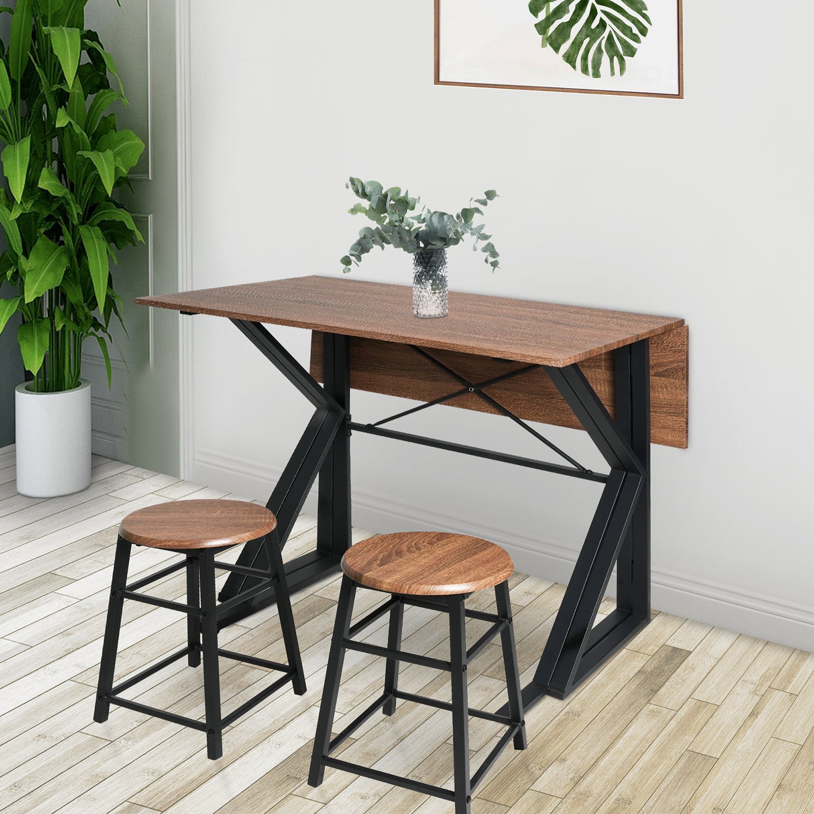 Drop Leaf Dining Table Set for Small Space, 35.4" Drop Leaf Table with 2 Stools