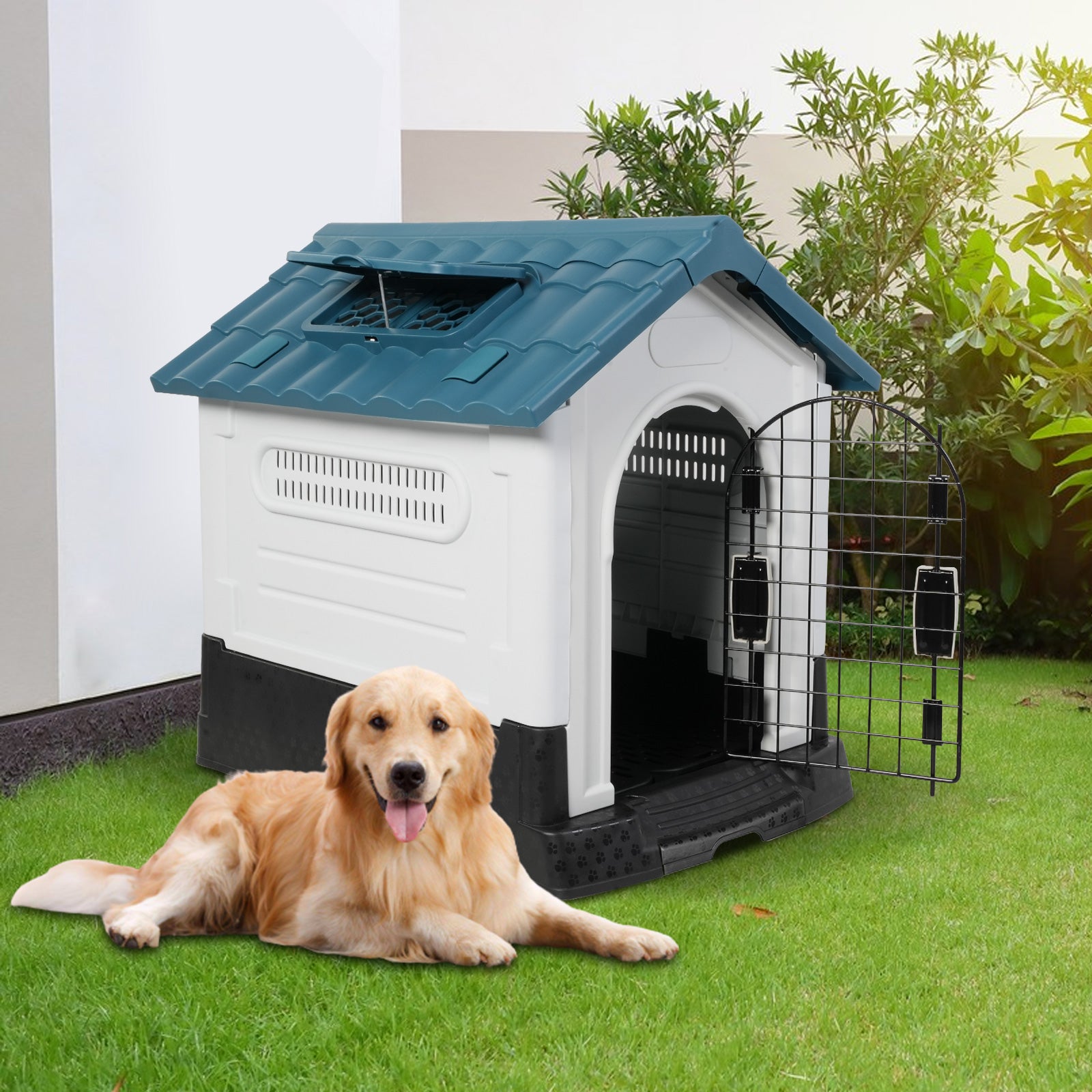 Outdoor Medium Dog House Plastic Waterproof Kennel with Air Vents, 33"L x 27.6"W x 29.9"H, Blue Roof