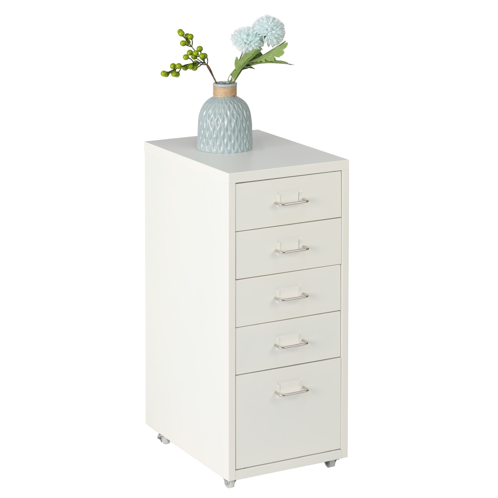 5 Drawer Storage Dresser Cabinet with Wheels Handle Slim Night Table, White