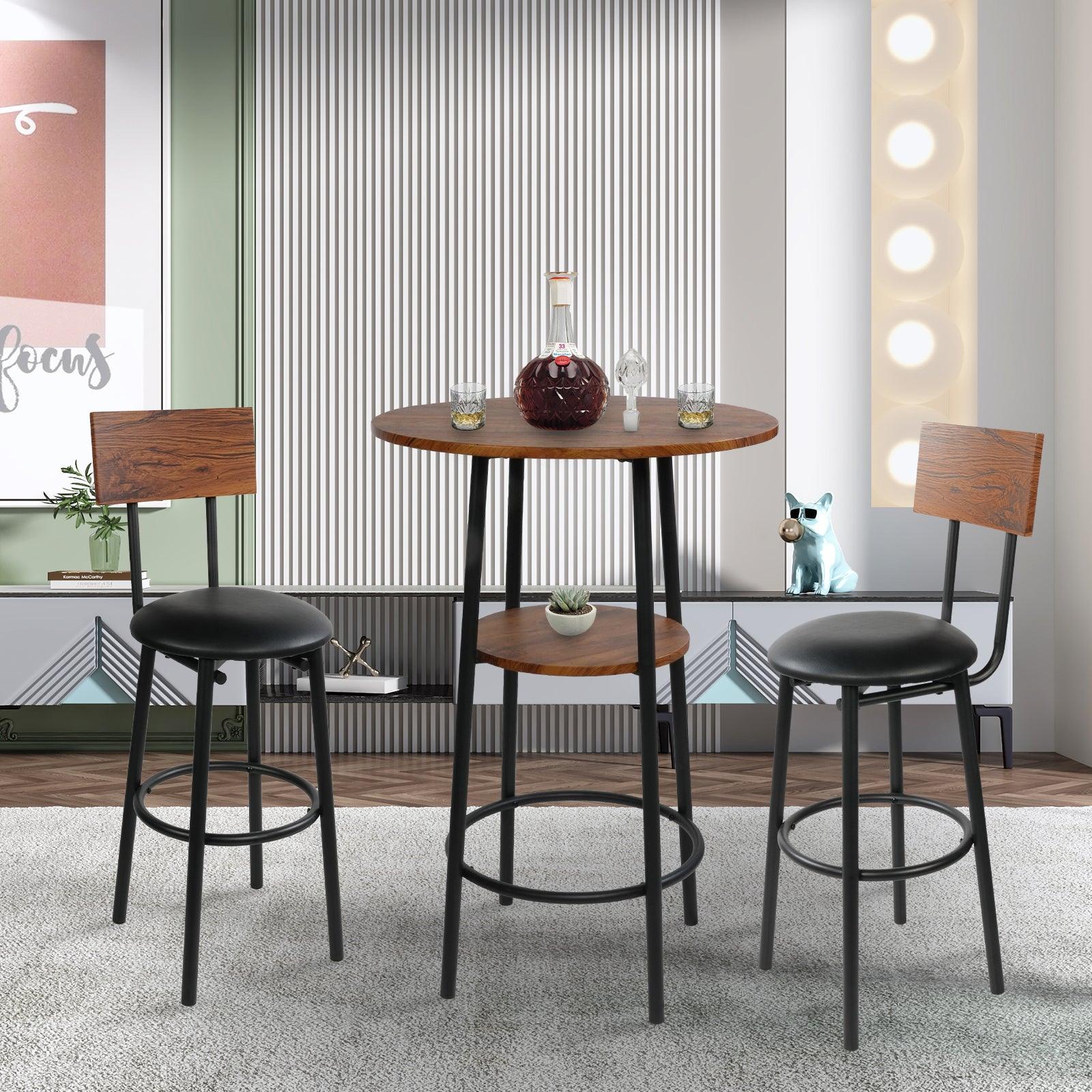 Round Bar Table Set, 2-Tier Table 23.6" for 2 with 2 Upholstered Bar Stools with Backrest