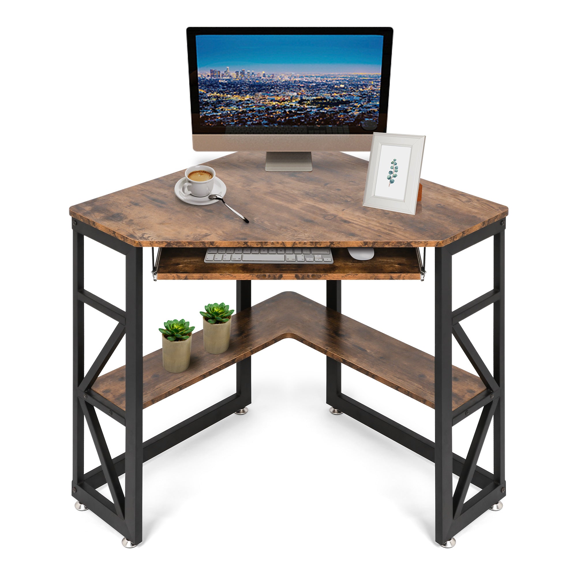 Corner Desk for Small Space Home Office Computer Desk Writing Table with Storage Shelves and Bookshelf, Brown