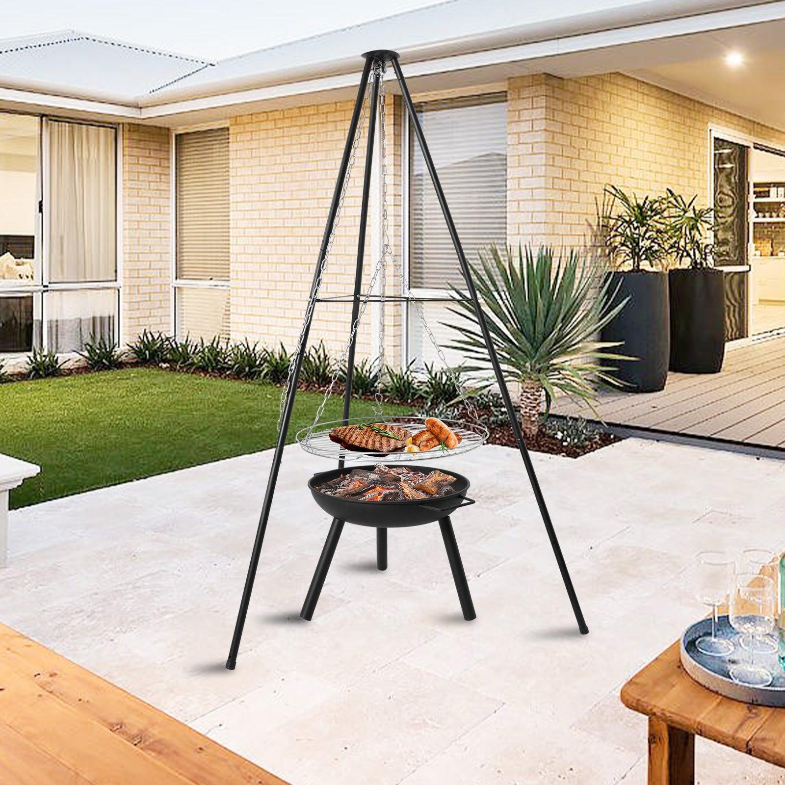 Outdoor Fire Pit Tripod Cooking Grill Height Adjustable Tripod with Round Grill Grate - Luckyermore