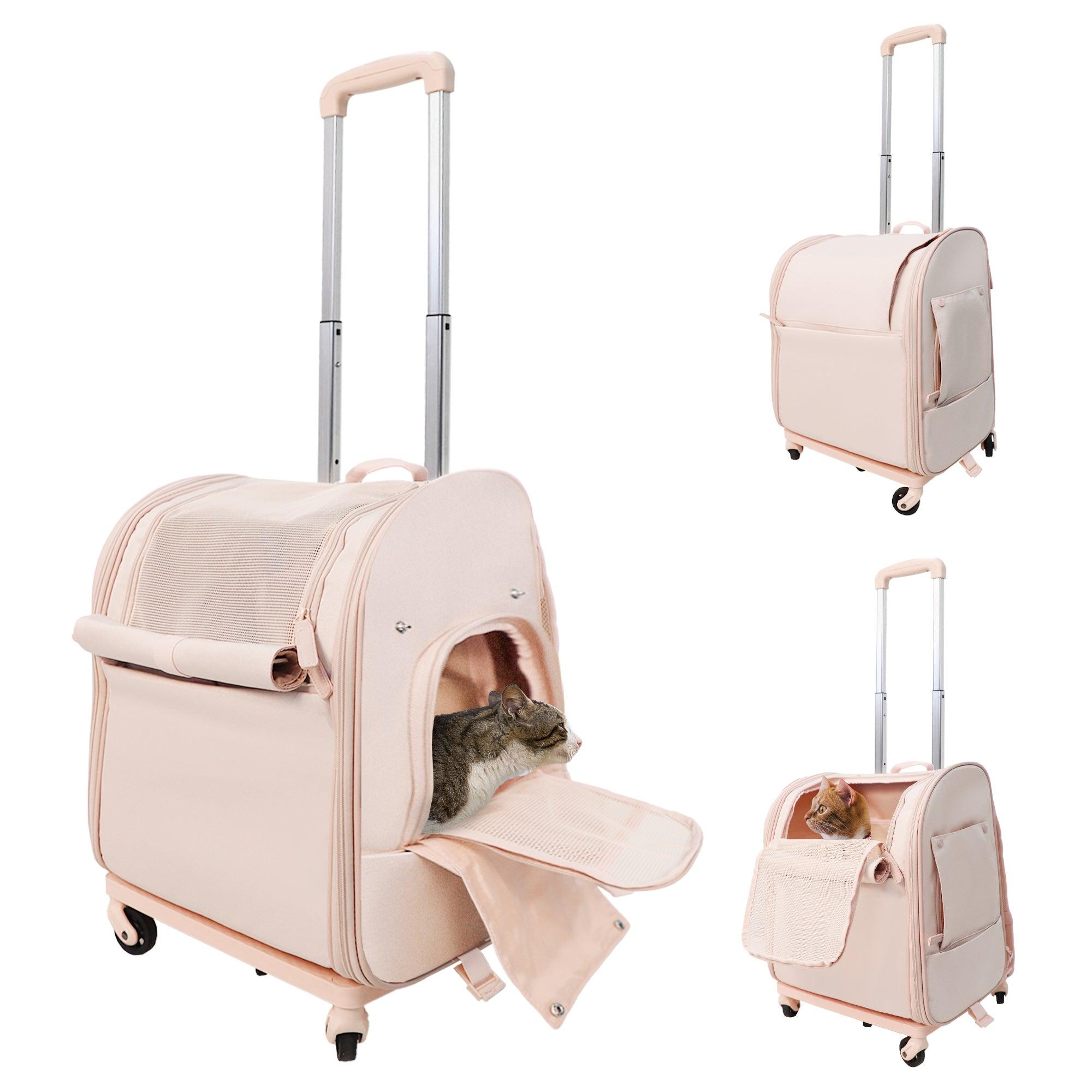 Pet Backpack with Wheels Dog Cat Travel Carrier Bag with Telescopic Handle, Pink - Luckyermore