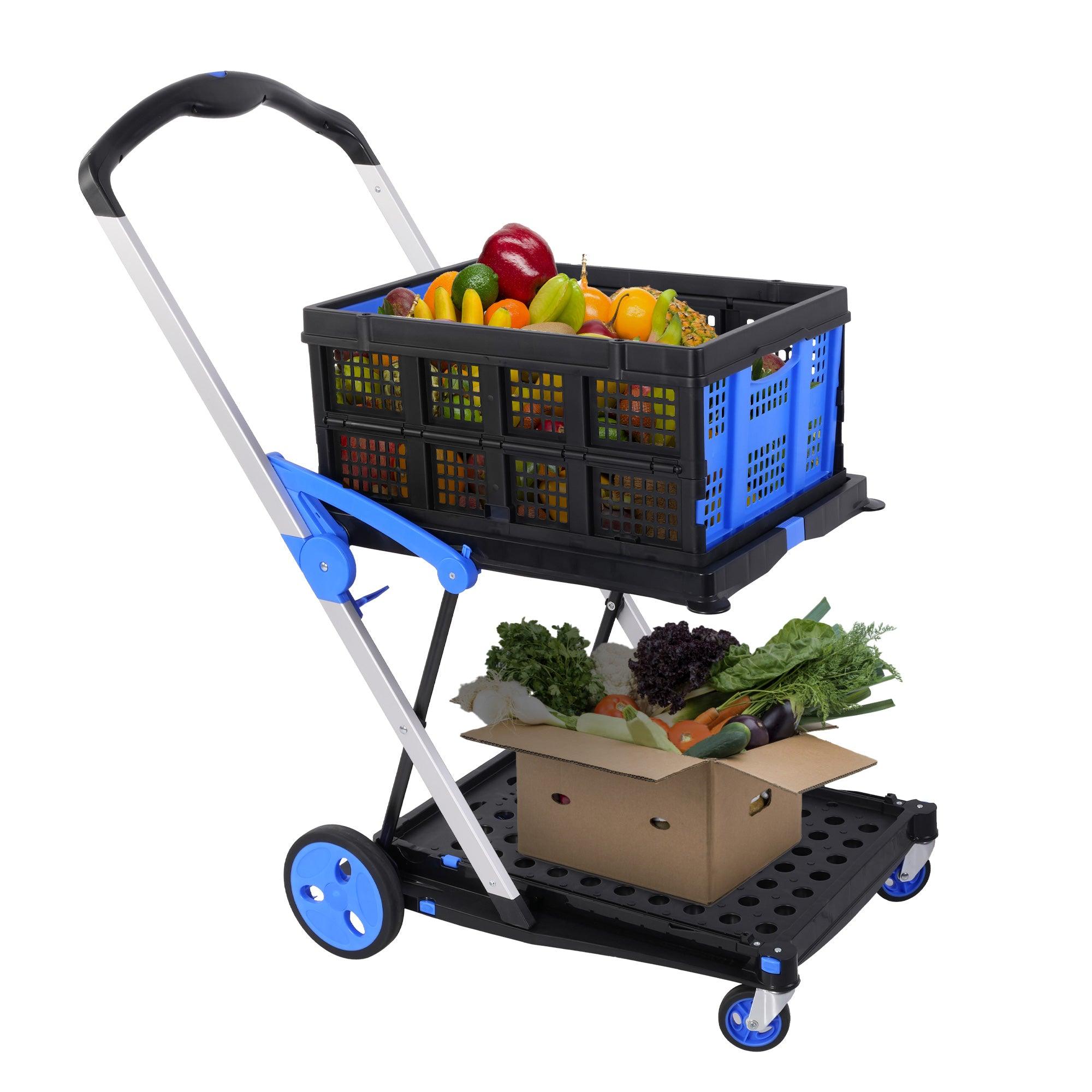 2-Tier Multi-Functional Collapsible Carts Foldable Trolley with Storage Crate Rolling Swivel Wheels - Luckyermore