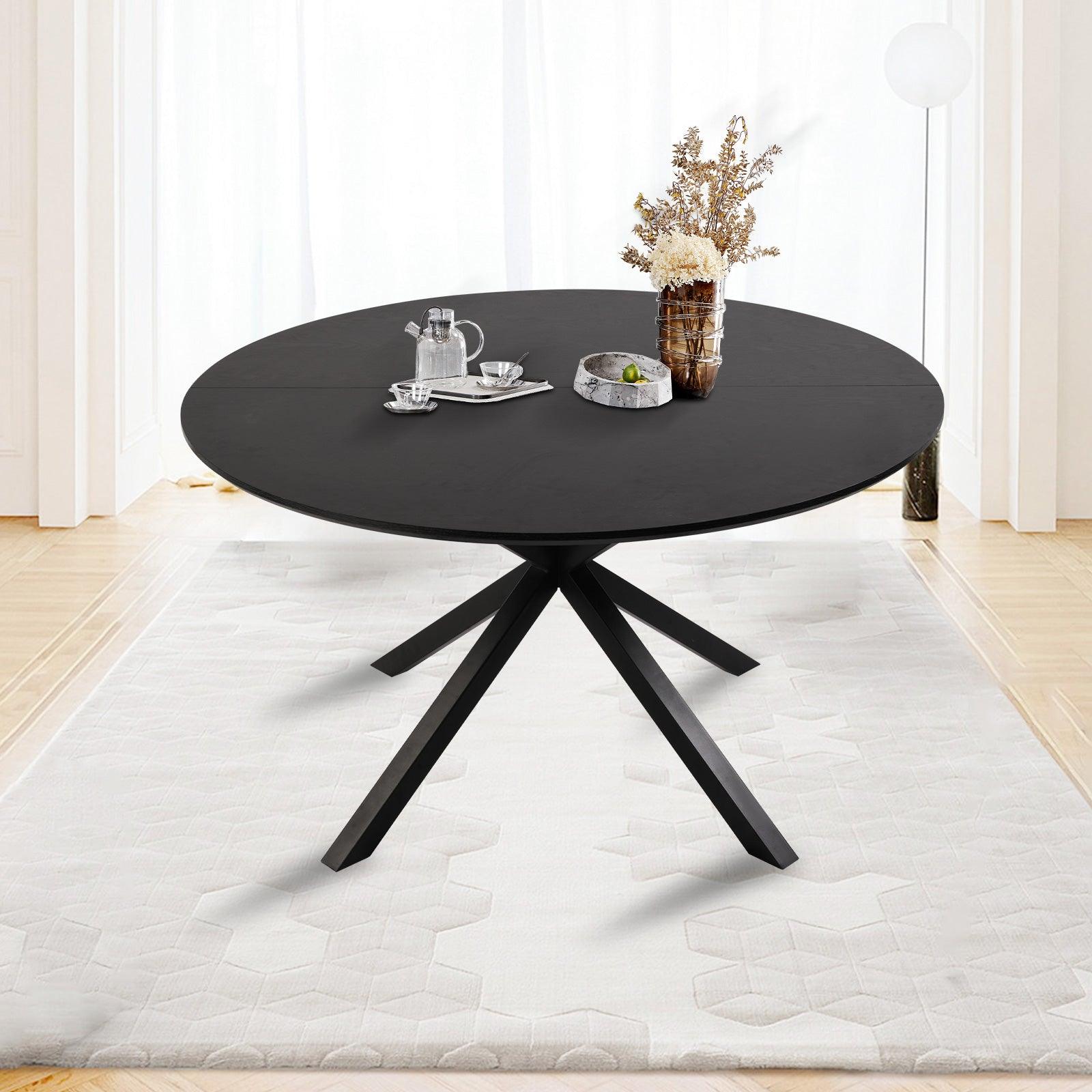 LUCKYERMORE 53" Round Mid-Century Modern Wooden Kitchen Dining Table for 4-6 with Solid Metal Leg, Black Wood Grain