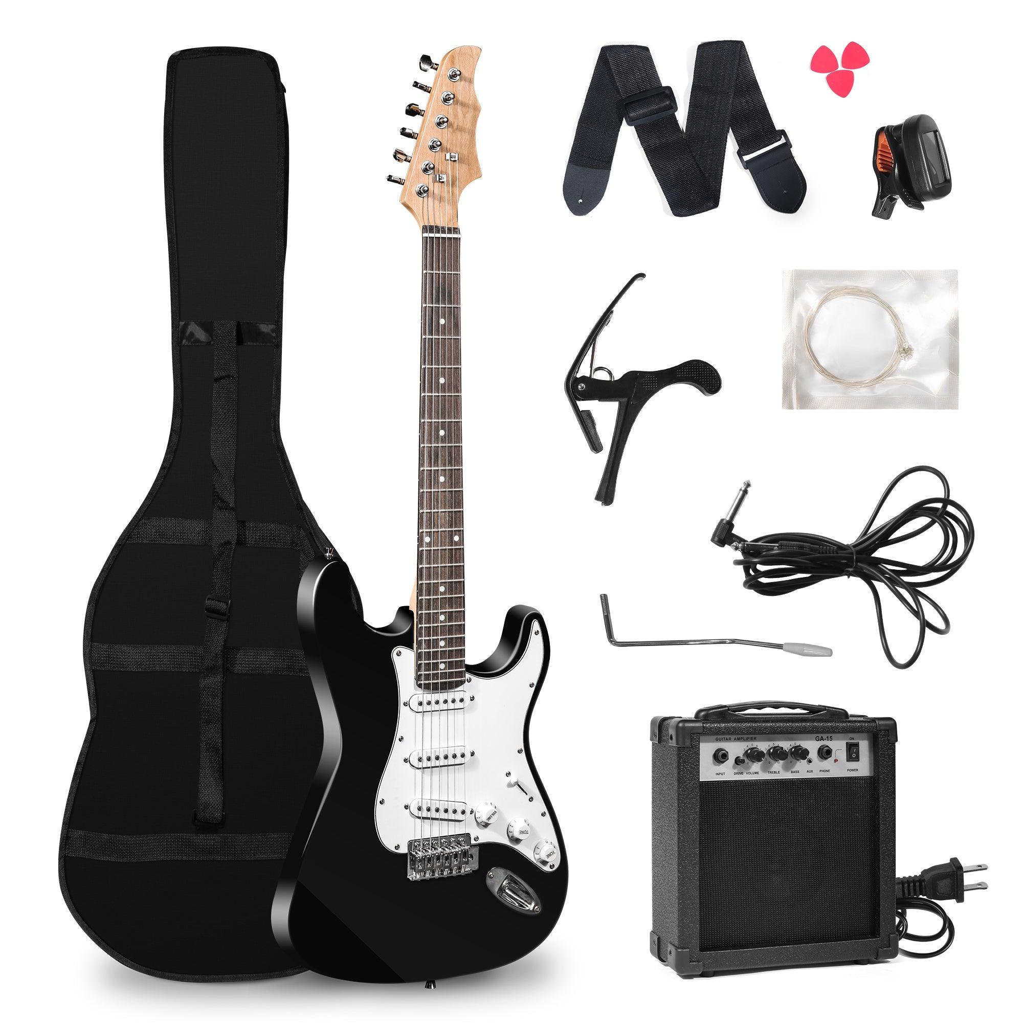 39.5" Full Size Electric Guitar for Beginners with Amplifier, Black and White - Luckyermore