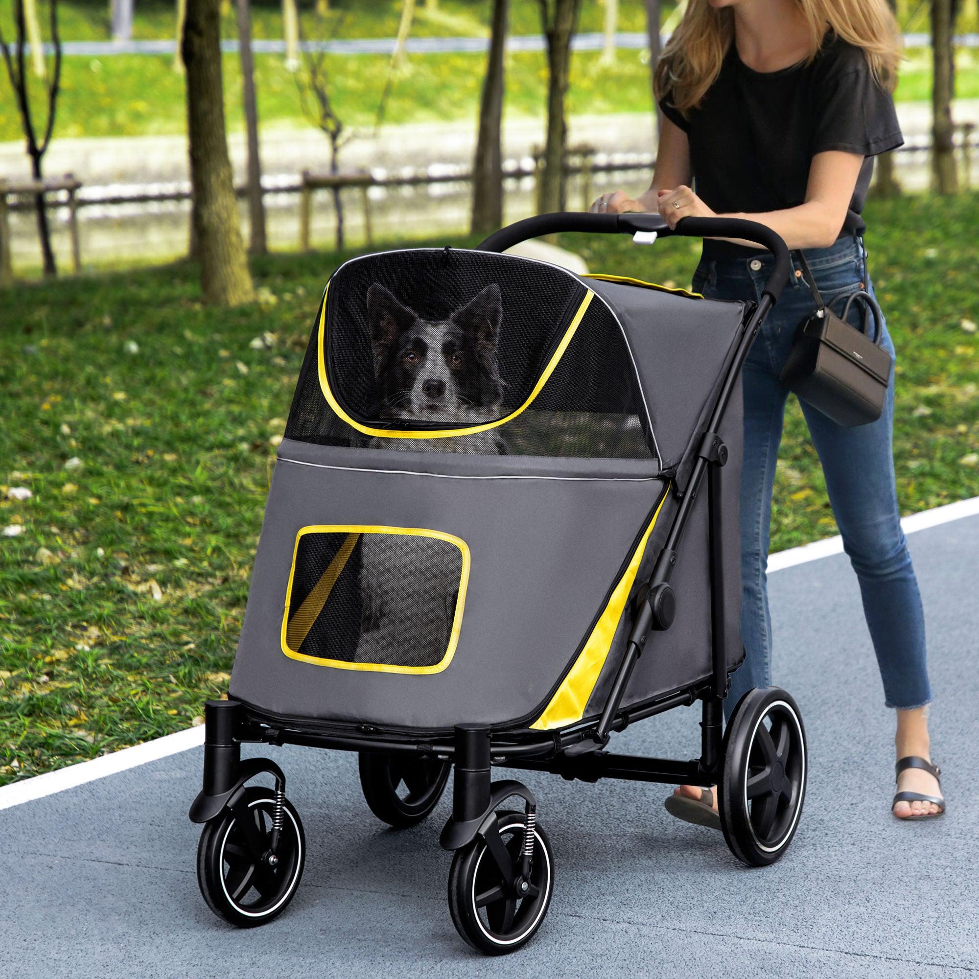 Foldable Pet Stroller Travel Carrier with Storage Pocket, Breathable Mesh, Gray and Yellow