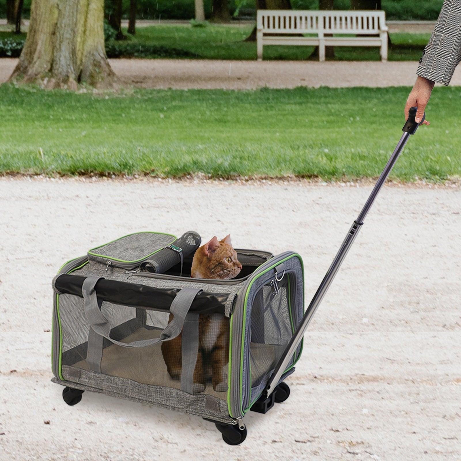 Folding Pet Carrier with Wheels Dog Cat Travel Carrier with Telescopic Handle, Gray - Luckyermore