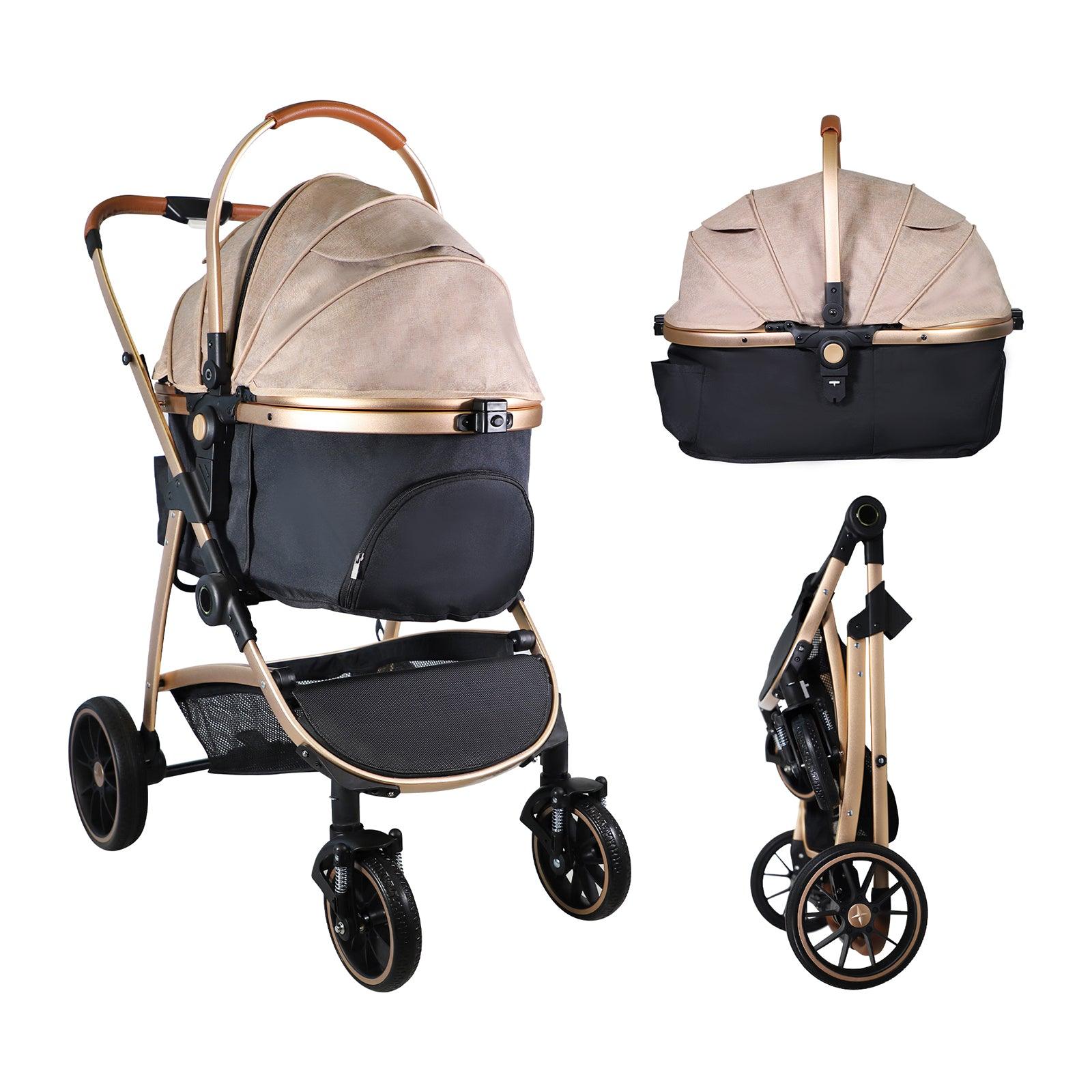 LUCKYERMORE 3 in 1 Travel Dog Stroller Pet Carrier with Detachable Carrier & Adjustable Handle, Gold
