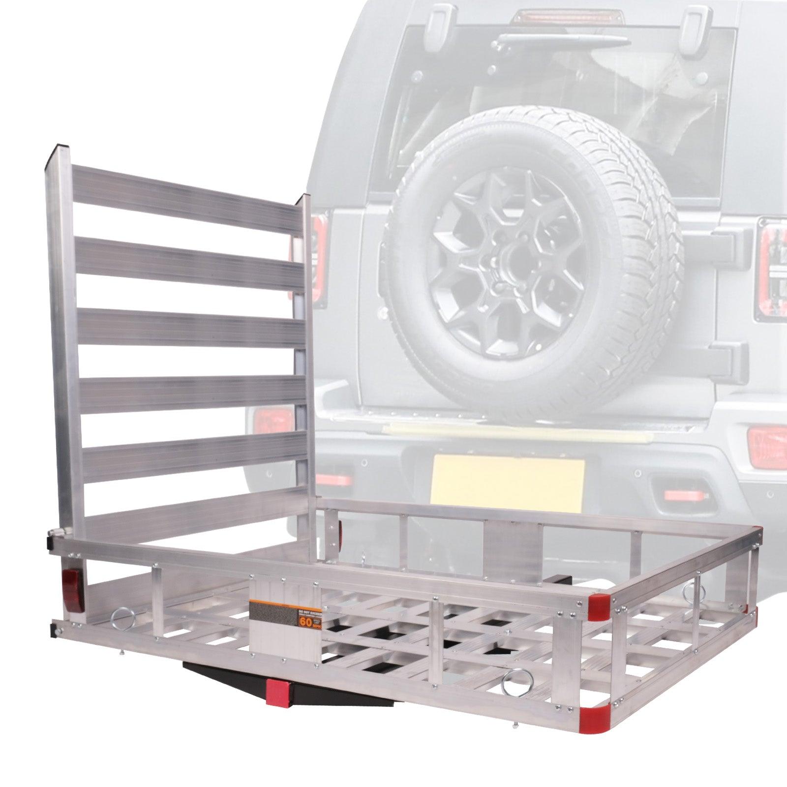 LUCKYERMORE 50"x 29.7" Hitch Mount Cargo Carrier Trailer Aluminum Utility Basket with 41.5" Folding Wheelchair Ramp, Silver