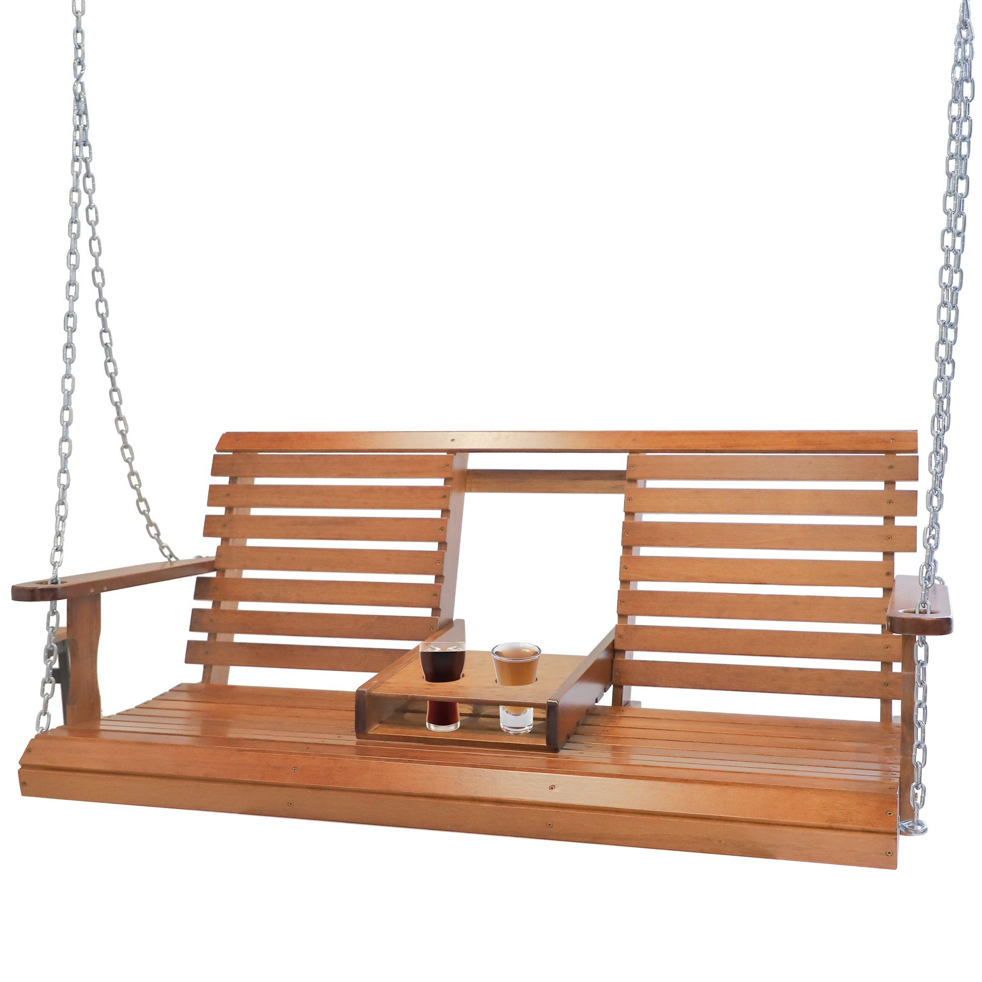 LUCKYERMORE Outdoor Wooden Porch Swing 55" for 2-3 Garden Patio Hanging Chair
