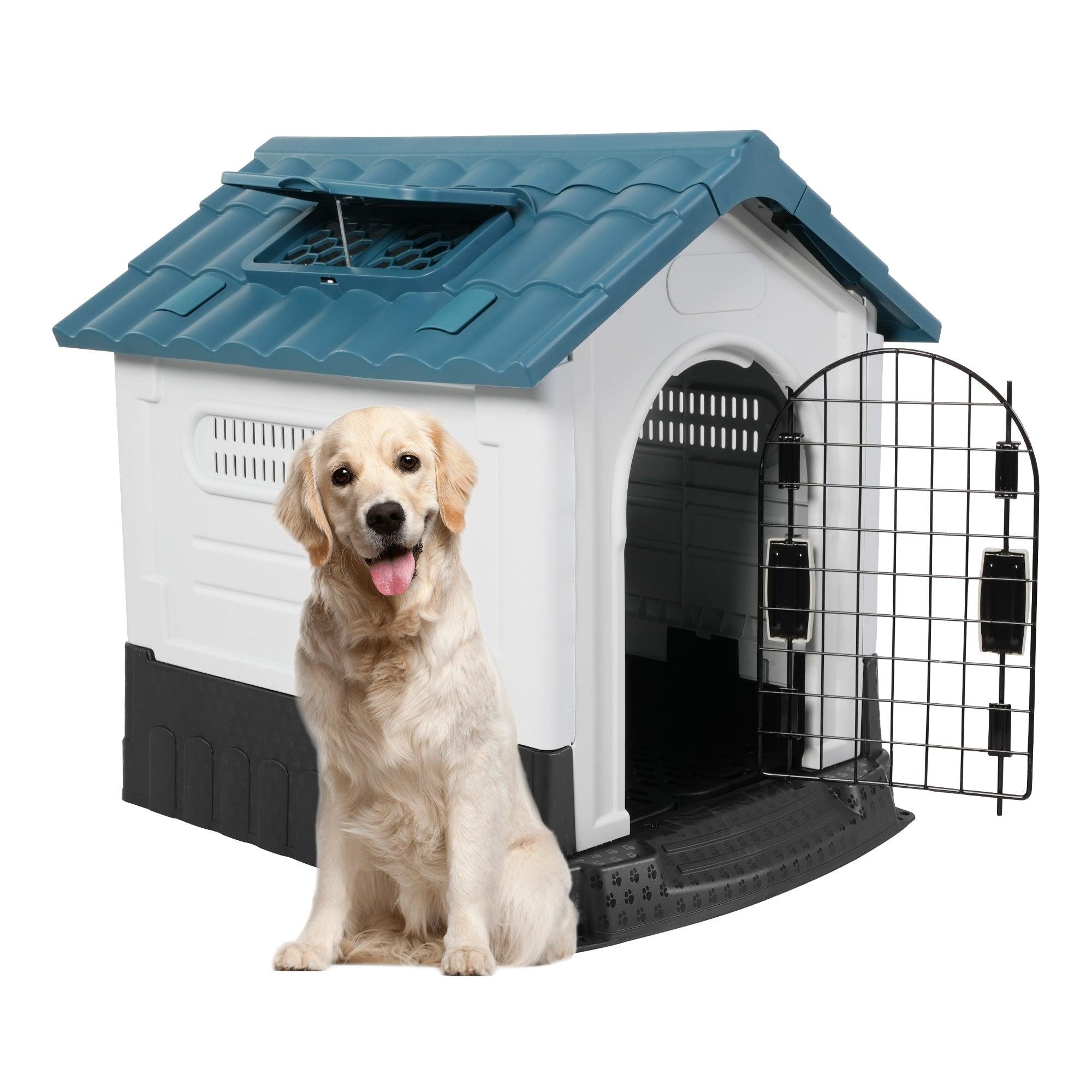 Outdoor Large Dog House Plastic Waterproof Kennel with Air Vents, 42.9"L x 40.5"W x 46.4"H, Blue Roof - Luckyermore