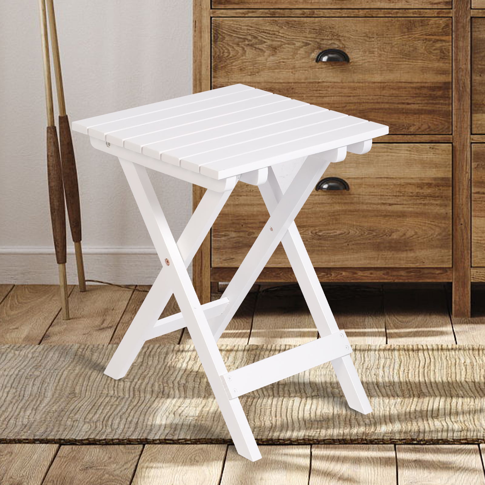 13.7" Square Outdoor Patio Folding Side Table Wood Portable End Table, White
